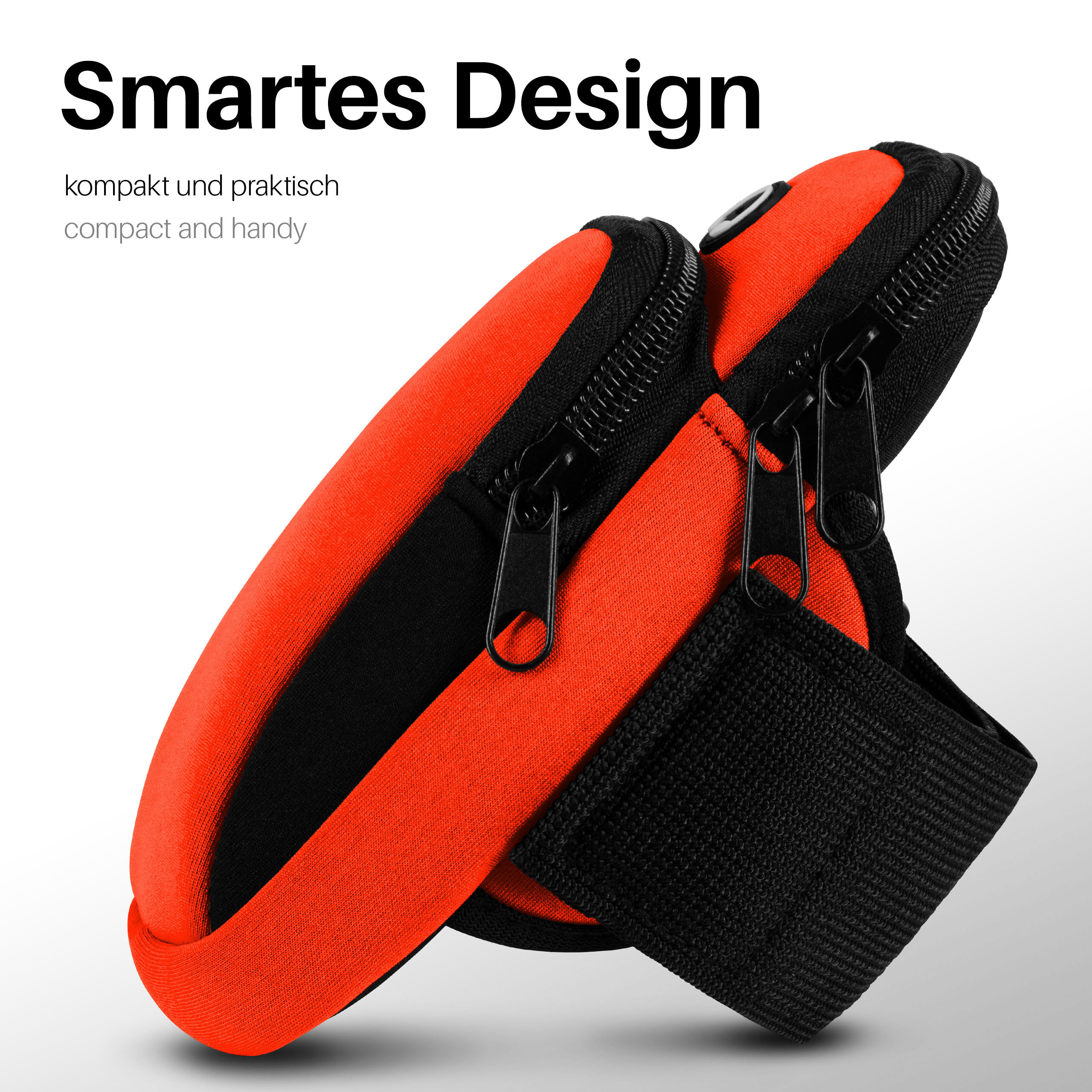 Oranges und schwarzes Armband mit zwei Reißverschlüssen.