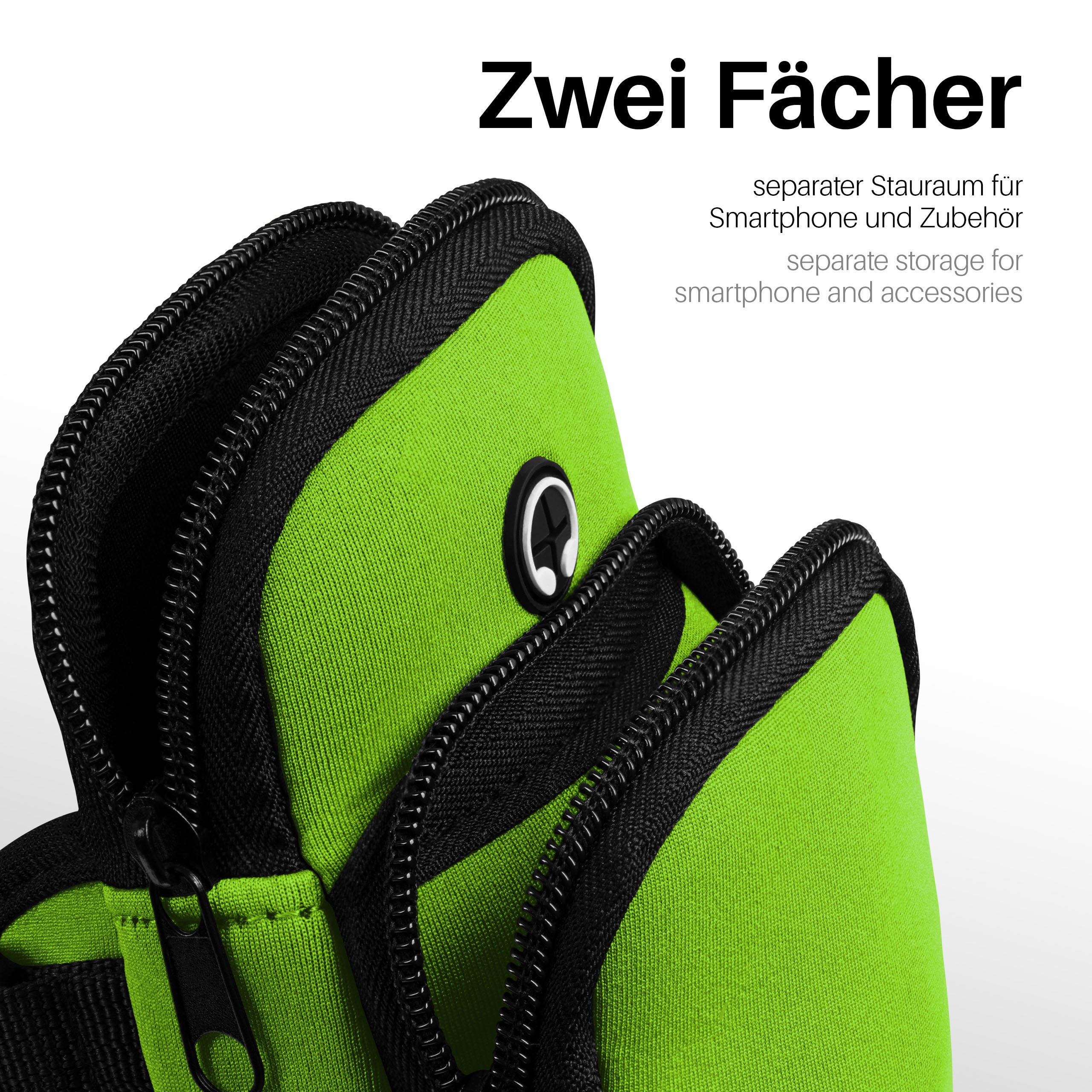 Grüne Handyhülle mit schwarzen Reißverschlüssen und zwei Fächern.