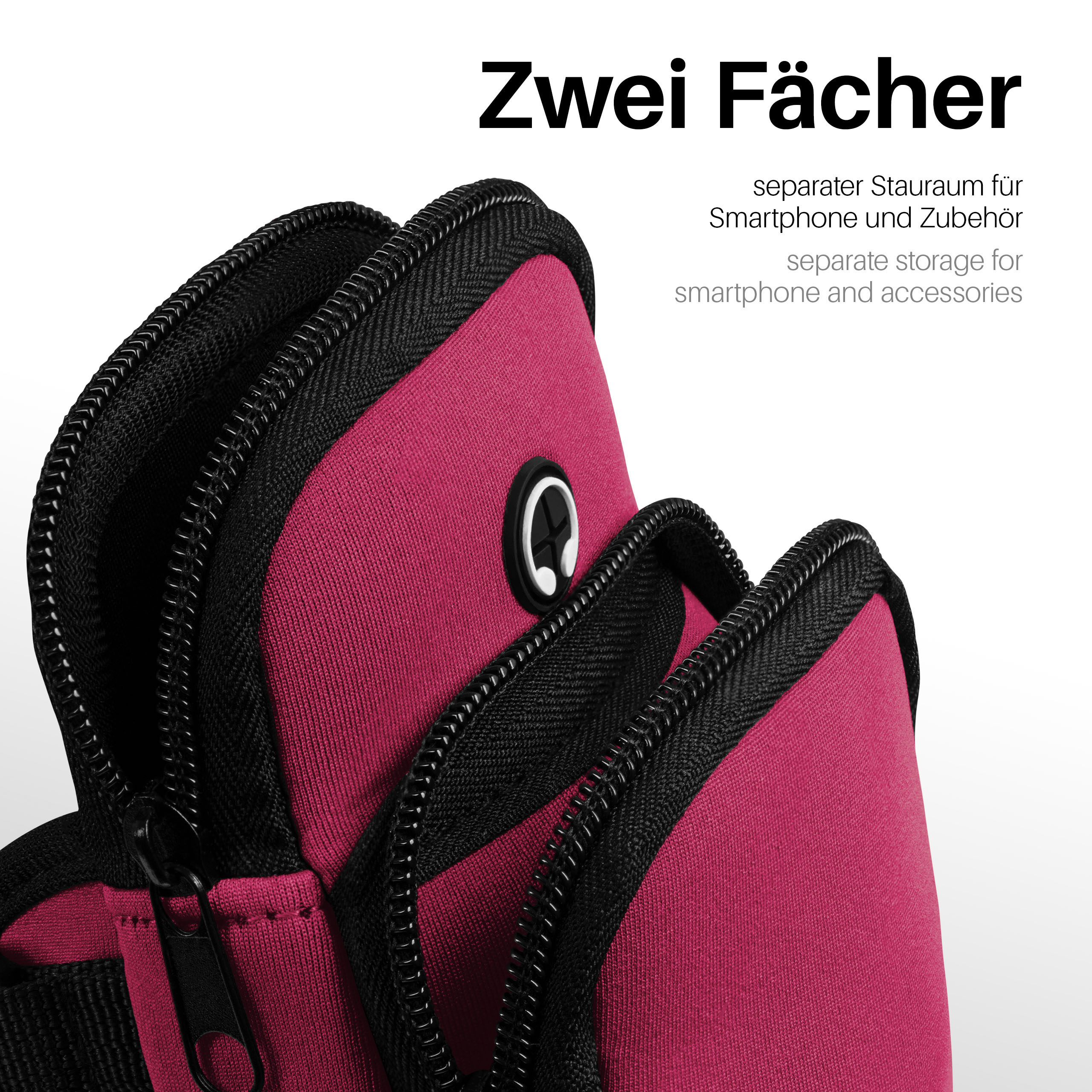 Rosa Armbandtasche mit zwei Fächern. Text: Zwei Fächer, separater Stauraum für Smartphone und Zubehör.