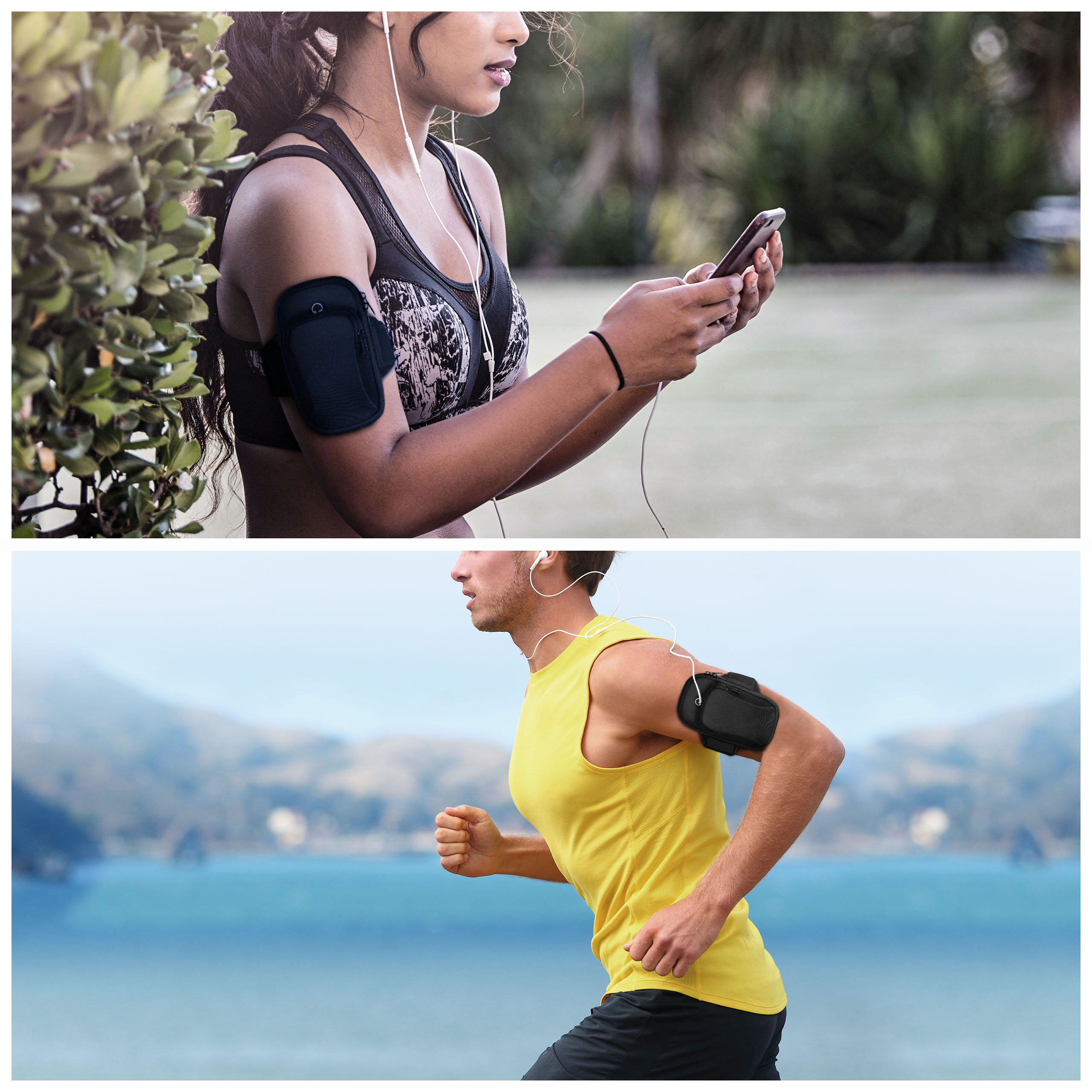 Frau und Mann benutzen Armbänder mit Handys. Frau draußen, Mann rennt.