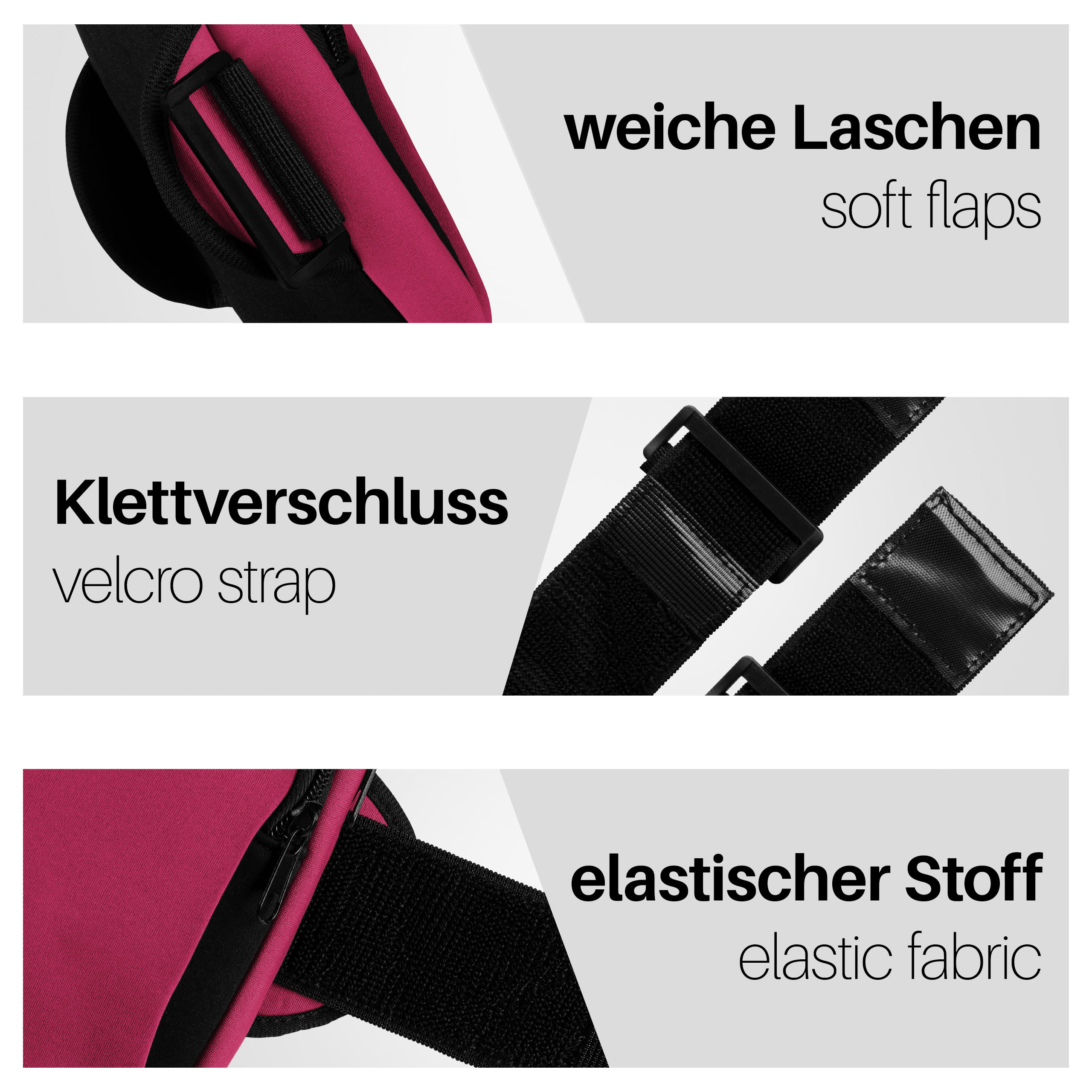 Nahaufnahmen von pinkfarbenem Objekt. Texte: weiche Laschen, Klettverschluss, elastischer Stoff.