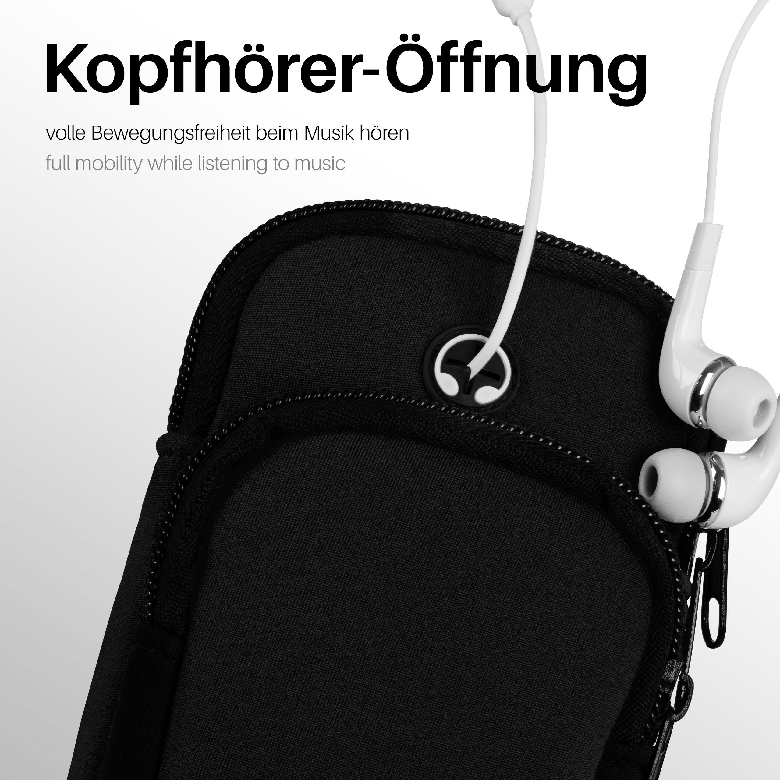 Schwarze Armtasche mit weißen Ohrhörern. Text lautet 'Kopfhörer-Öffnung' und 'full mobility'.
