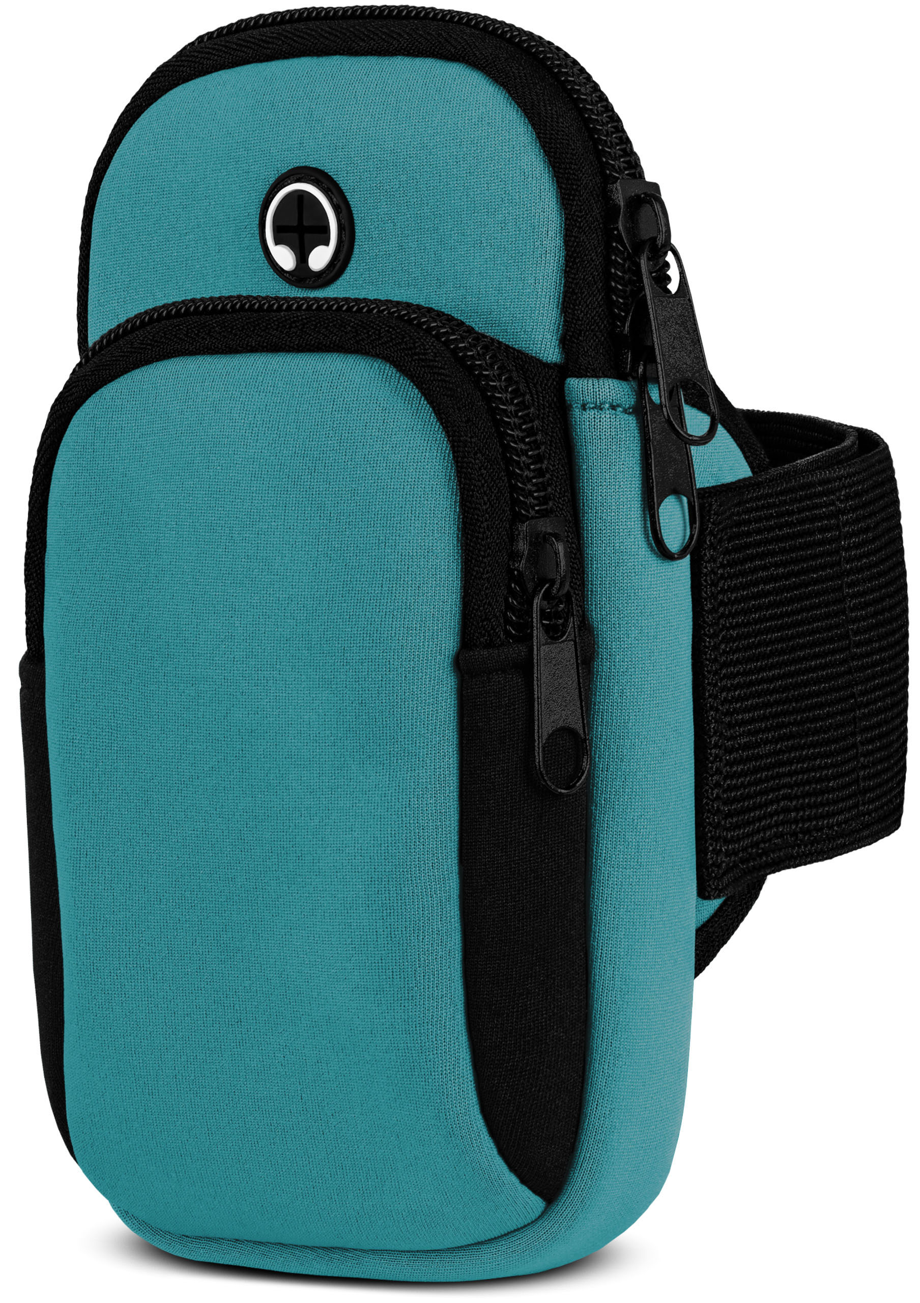 Ein teal Armband mit schwarzen Reißverschlüssen und einem schwarzen Riemen. Für ein Telefon.