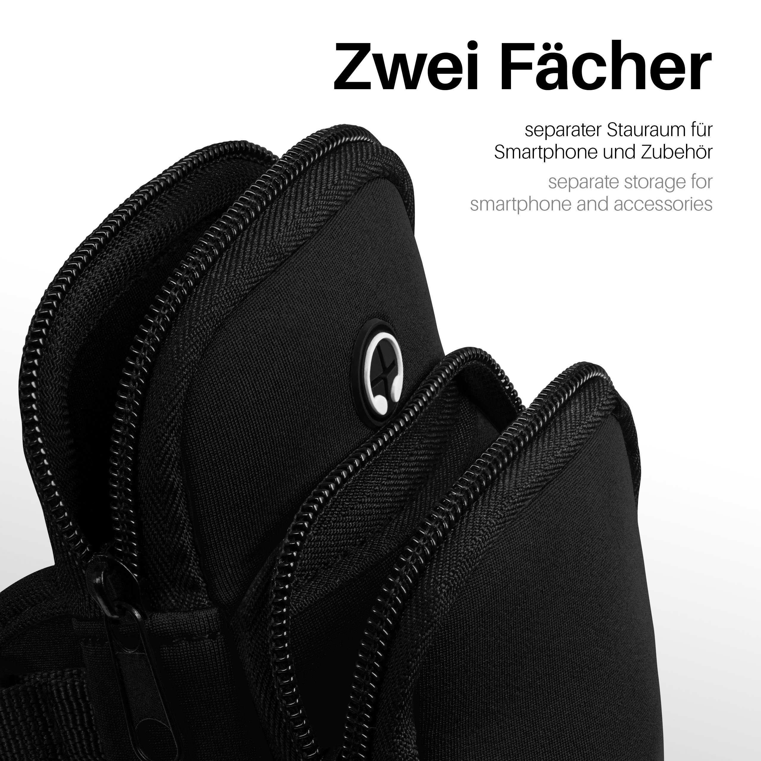Schwarzes Armband mit zwei Fächern. Text: separater Stauraum für Smartphone und Zubehör.