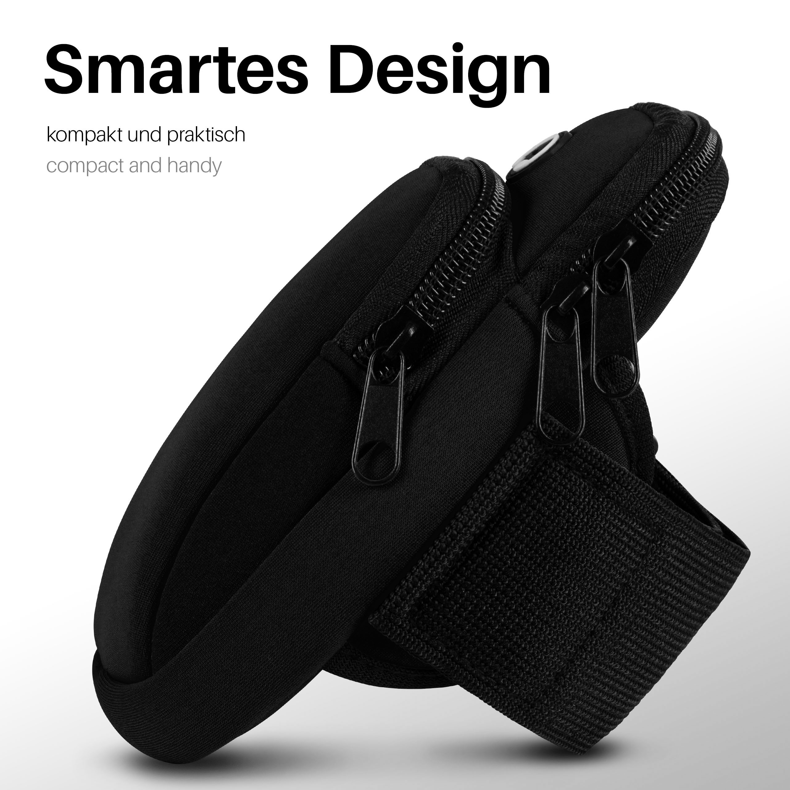 Schwarzes Armband mit Reißverschlüssen und Riemen. Text: Smartes Design, kompakt und praktisch.