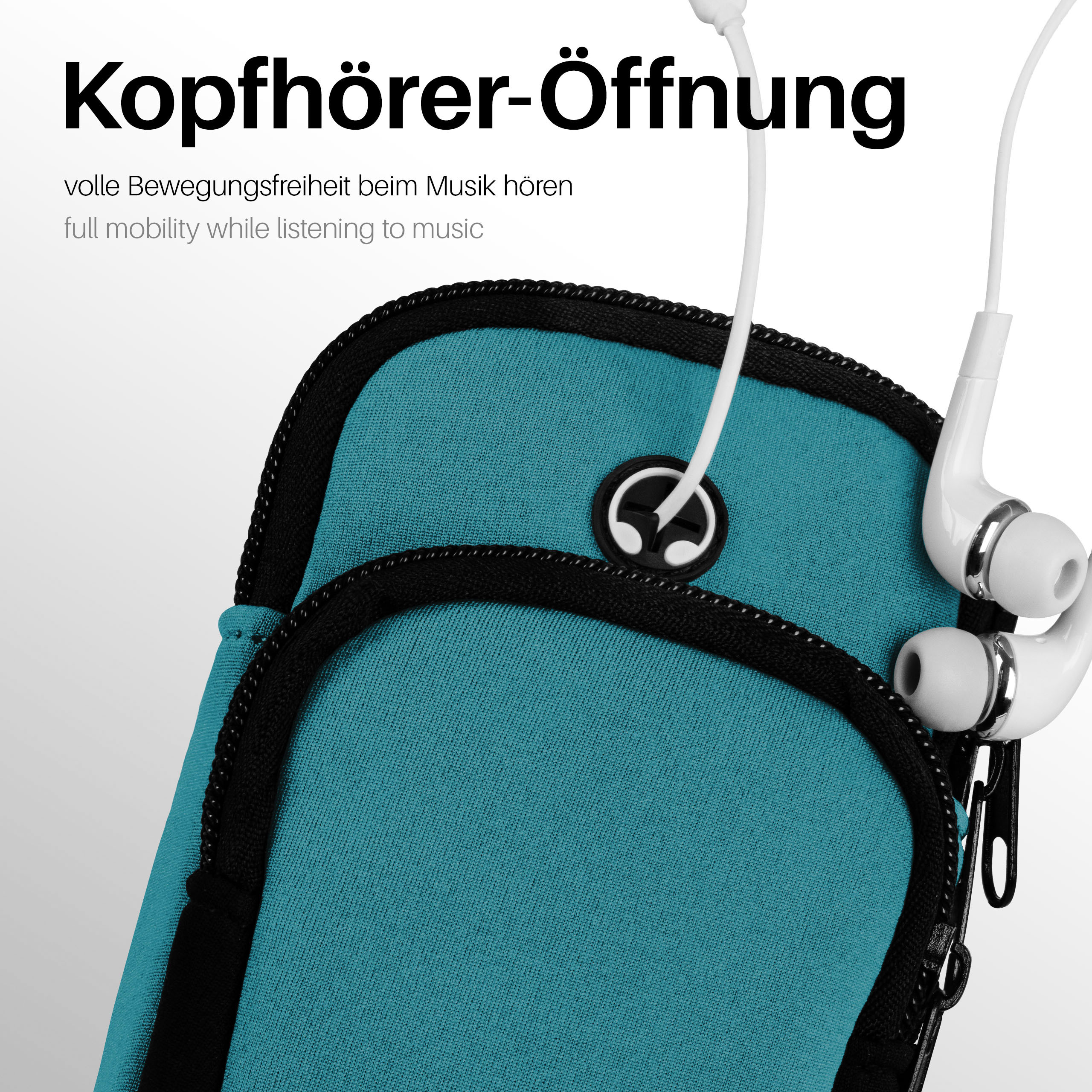 Nahaufnahme einer blauen Armbinde mit Kopfhöreröffnung. Weiße Kopfhörer. Text: Volle Bewegungsfreiheit beim Musik hören.