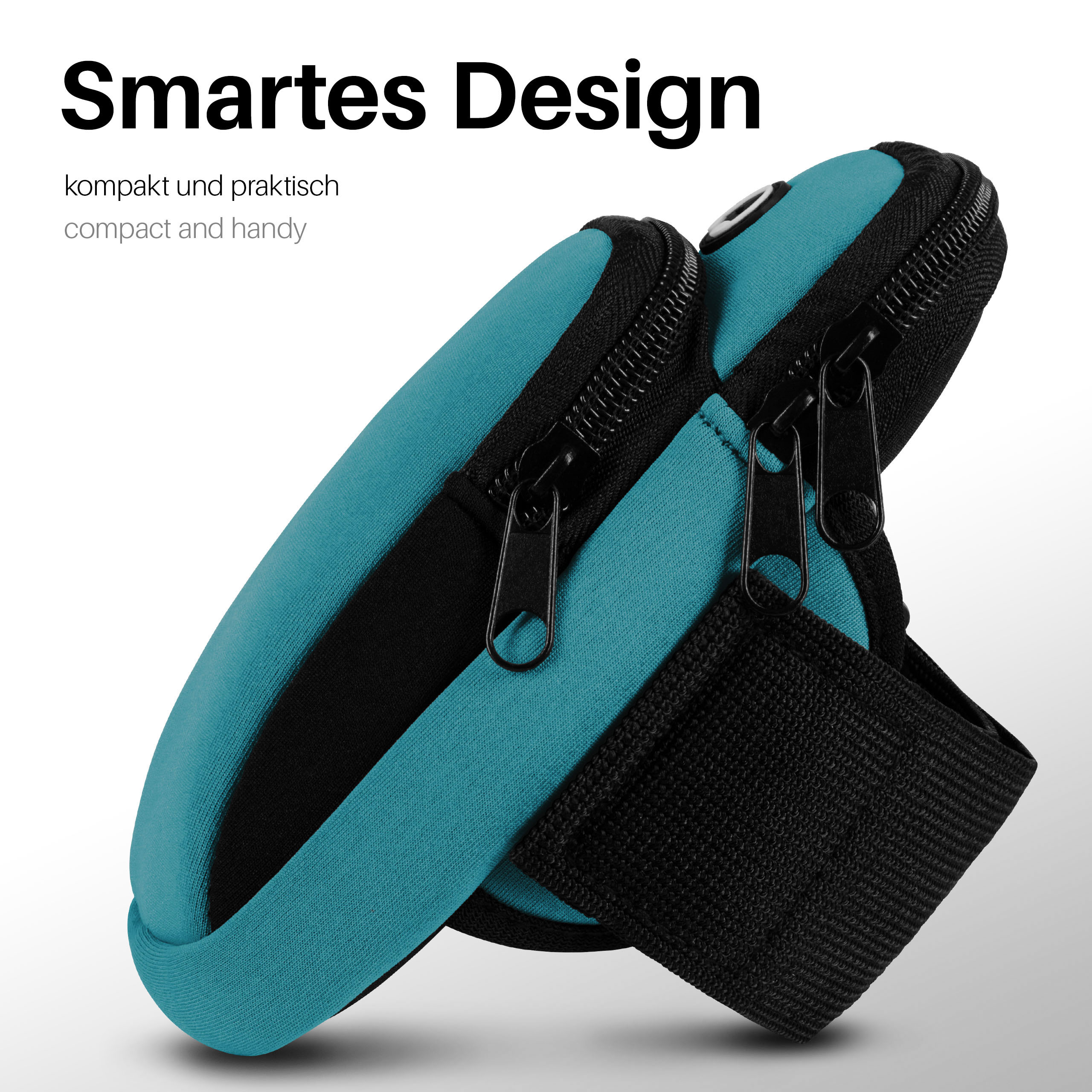 Türkis-schwarzes Telefonarmband. Mit Reißverschlüssen und einem Riemen. Text sagt 'Smartes Design'.