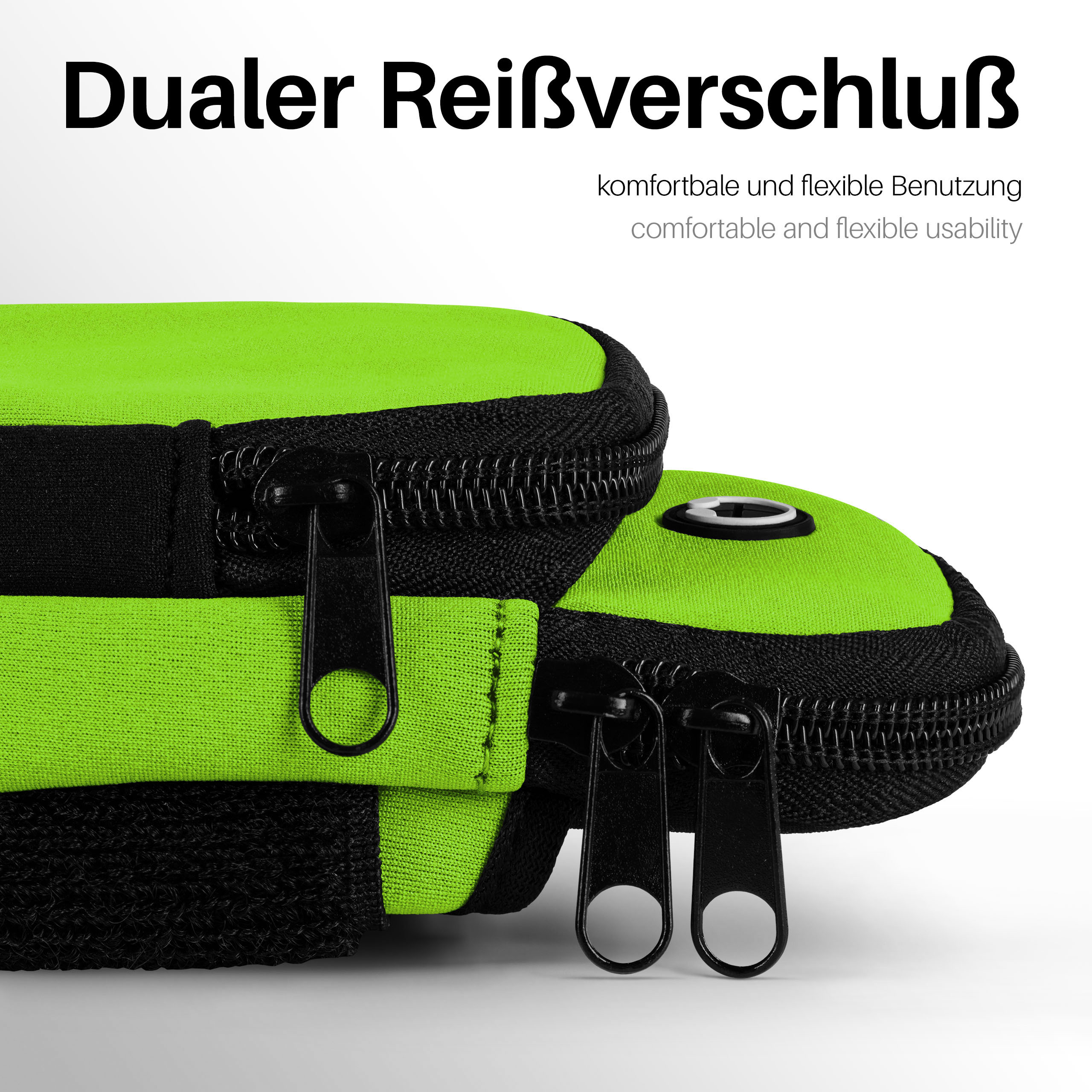 Zwei grüne und schwarze Beutel mit Reißverschluss. Der obere Beutel zeigt den Reißverschluss und den Text 'Dualer Reißverschluss'.