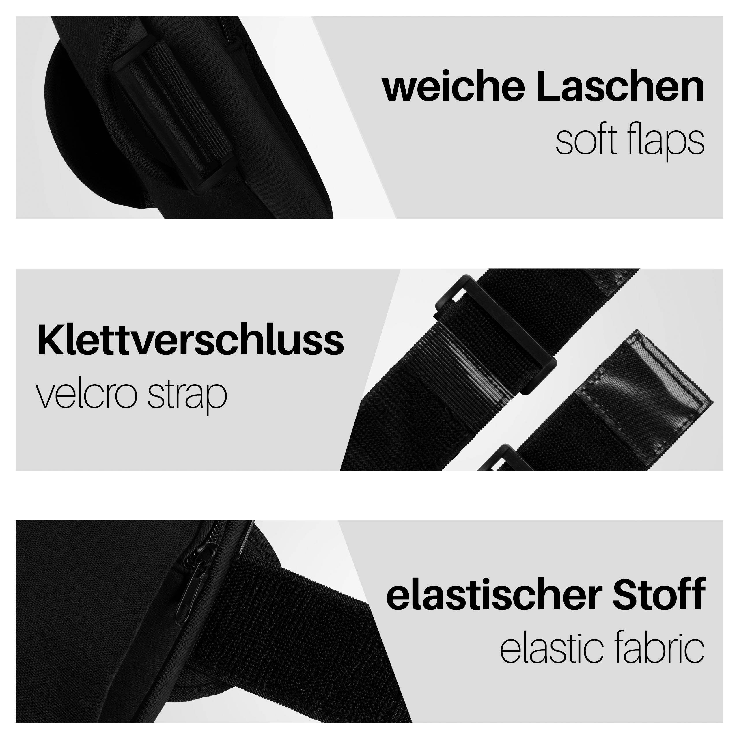 Nahaufnahme von schwarzem und schwarzem Stoff mit Etiketten: weiche Laschen, Klettverschluss und elastischer Stoff.