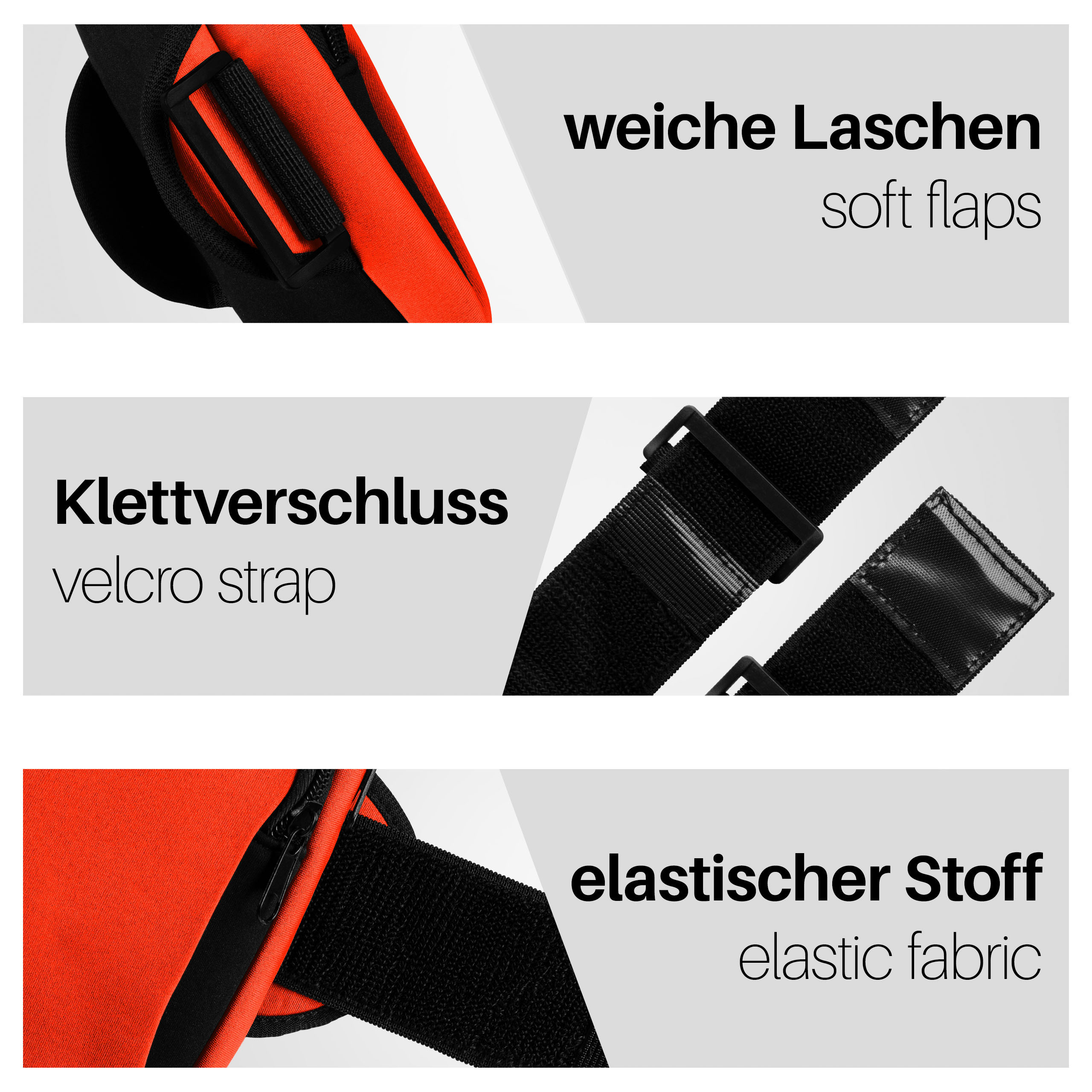 Nahaufnahme von orange und schwarzen Stoffdetails: weiche Laschen, Klettverschluss und elastischer Stoff.