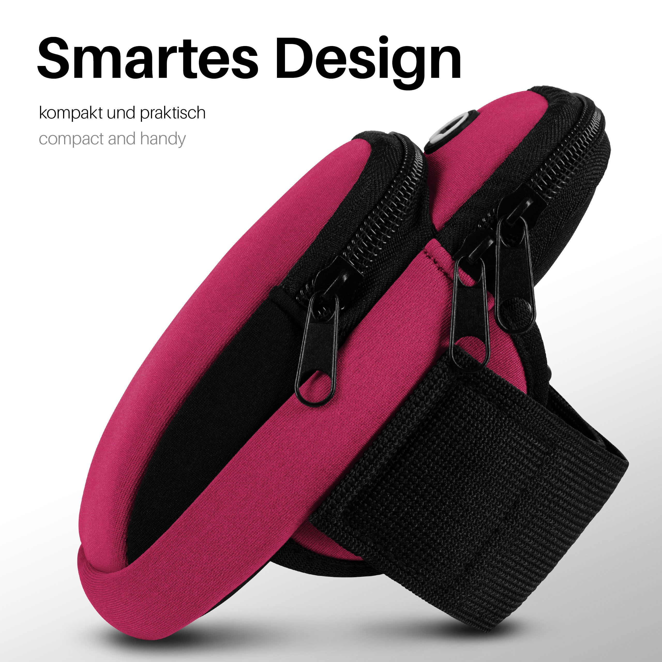 Nahaufnahme eines rosa-schwarzen Armbands mit zwei Reißverschlüssen. Text: kompakt und praktisch.