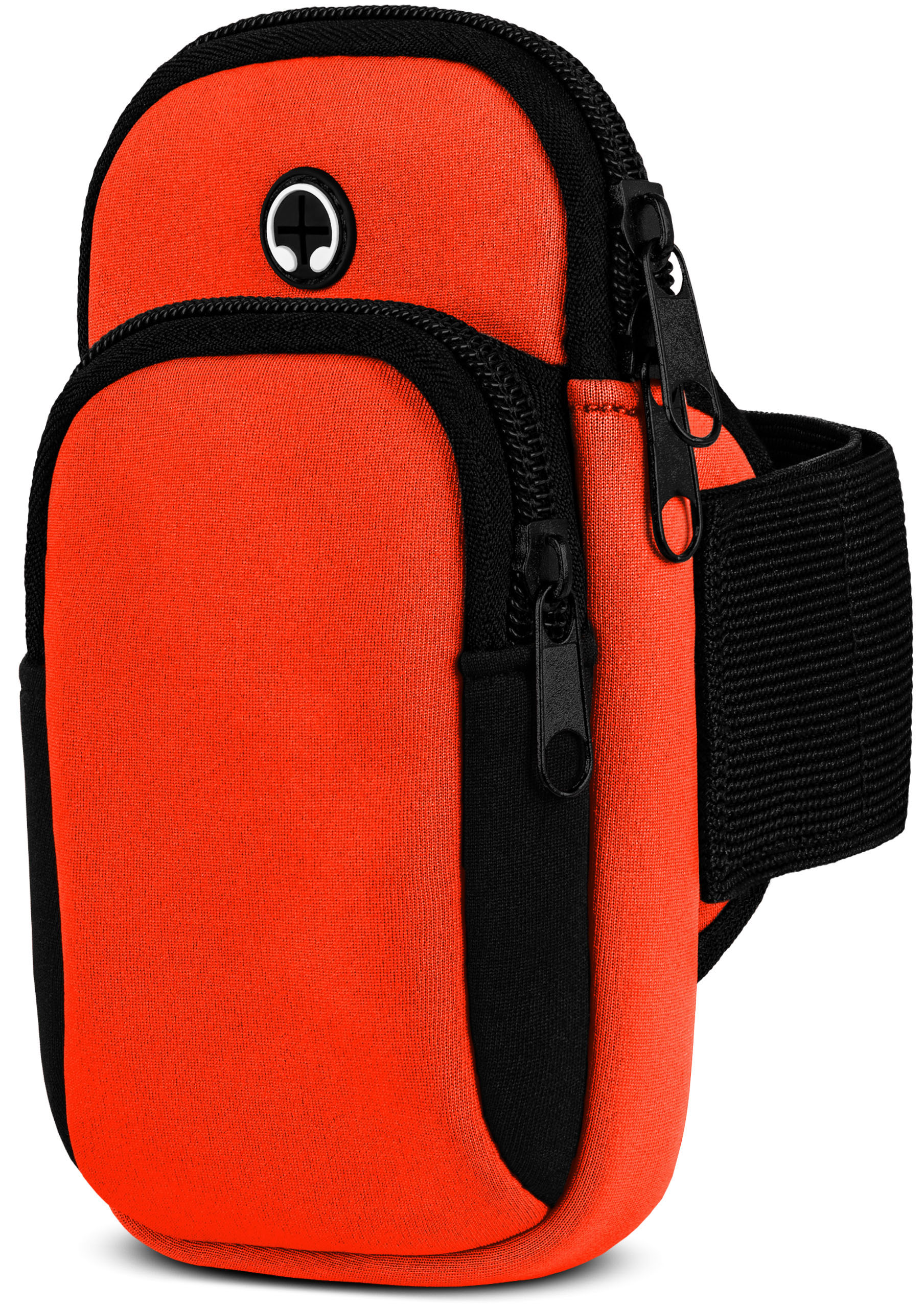 Orangene Armbinde für Telefon. Schwarze Reißverschlüsse, schwarze Umrisse und schwarzes Band.