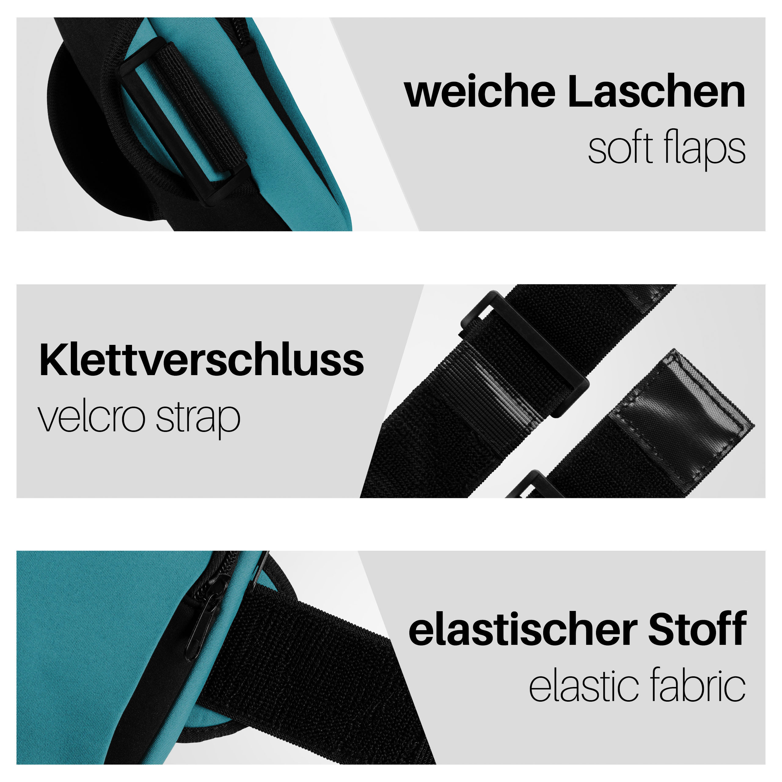 Nahaufnahmen von teal- und schwarzen Handytaschentaschen-Merkmalen: weiche Laschen, Klettverschluss, elastischer Stoff.