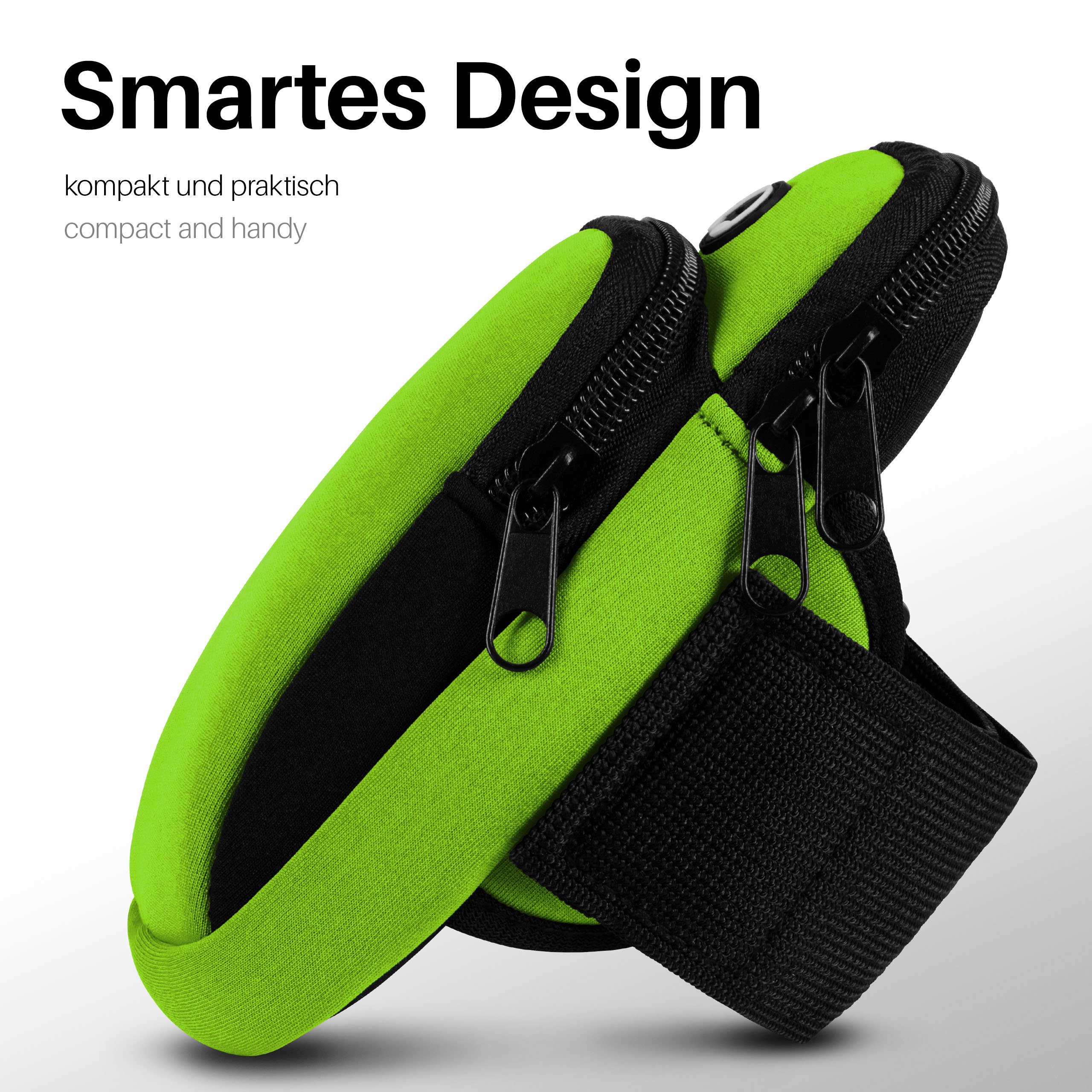 Grünes und schwarzes Armband mit Reißverschlüssen, abgewinkelt. Text: 'Smart Design'.