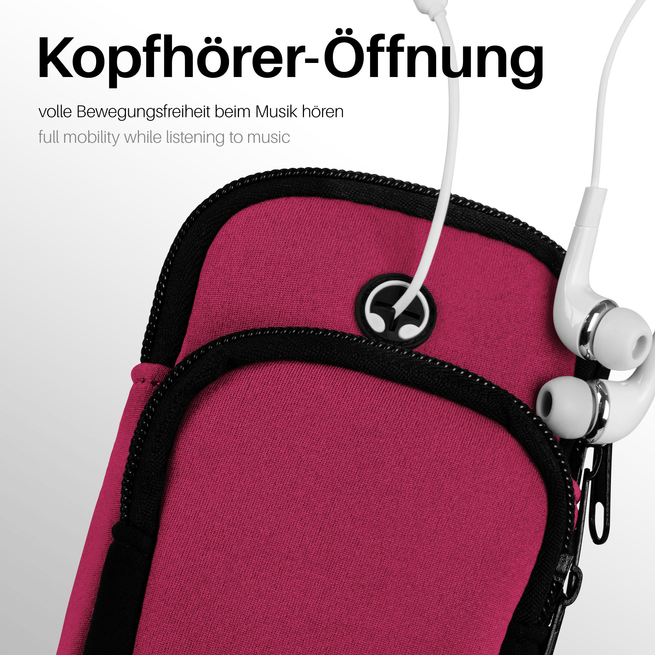 Pinkes Armband mit weißen Ohrhörern. Text: Kopfhörer-Öffnung, volle Bewegungsfreiheit beim Musikhören.