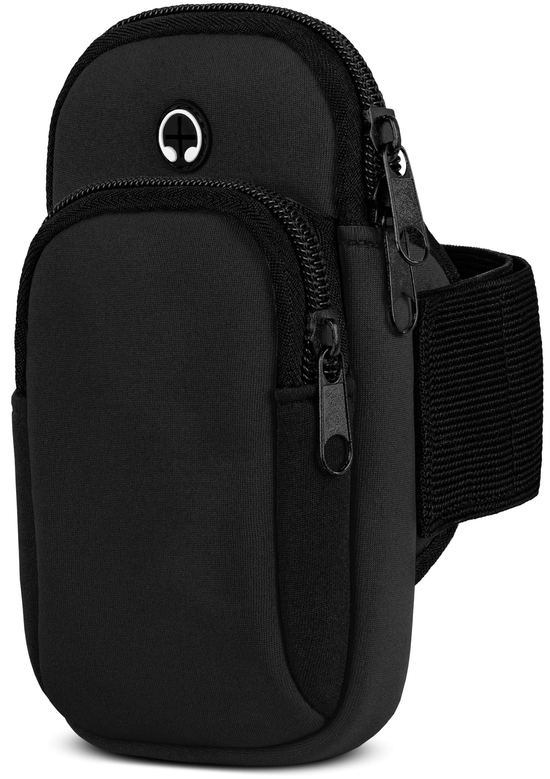 Schwarzes Armband für Telefon. Zwei Reißverschlussfächer und Klettverschluss.