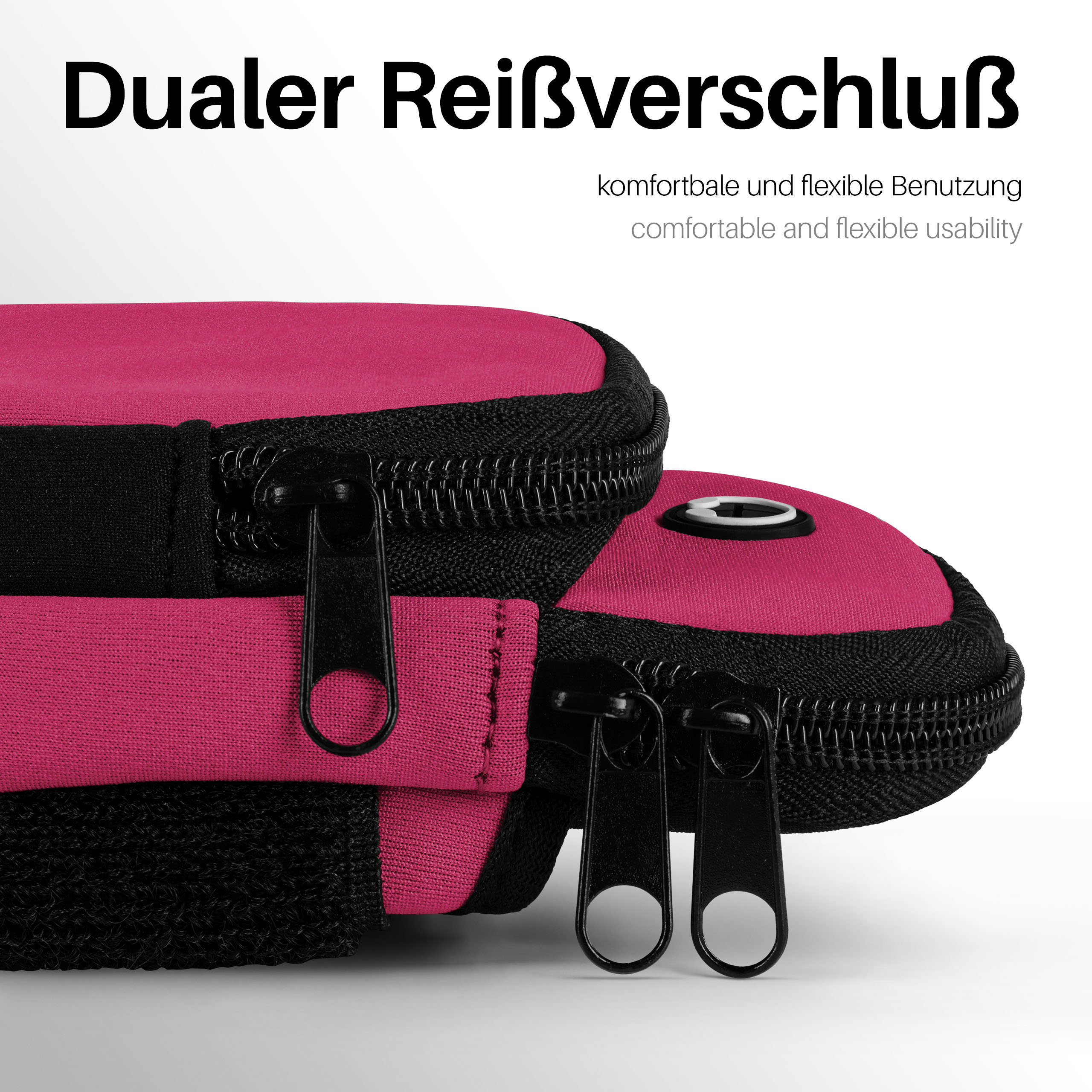 Rosa und schwarzes Armband mit zwei Reißverschlüssen. Text: komfortable und flexible Nutzung.