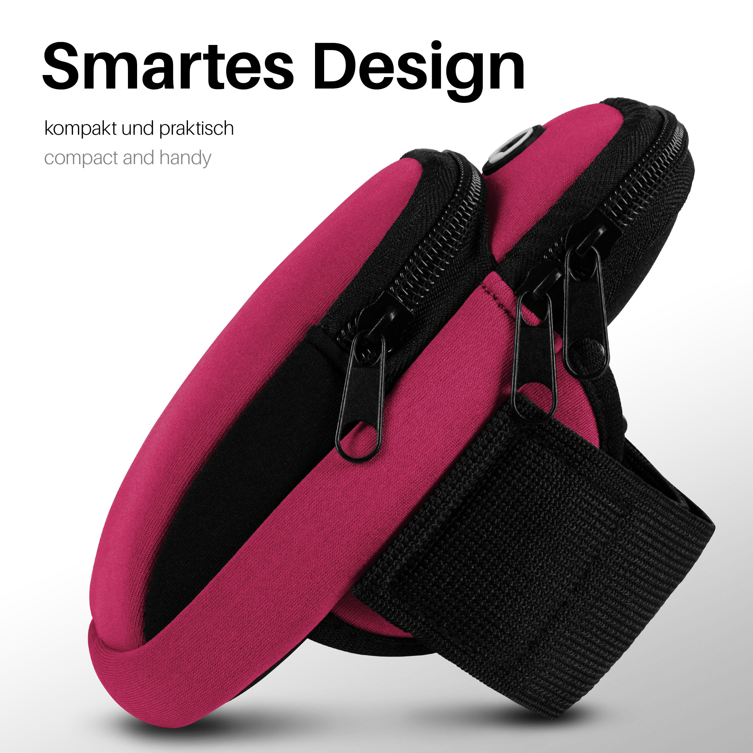 Rosa-schwarzes Armband mit schwarzen Reißverschlüssen und Text: Smartes Design. Kompakt und praktisch.