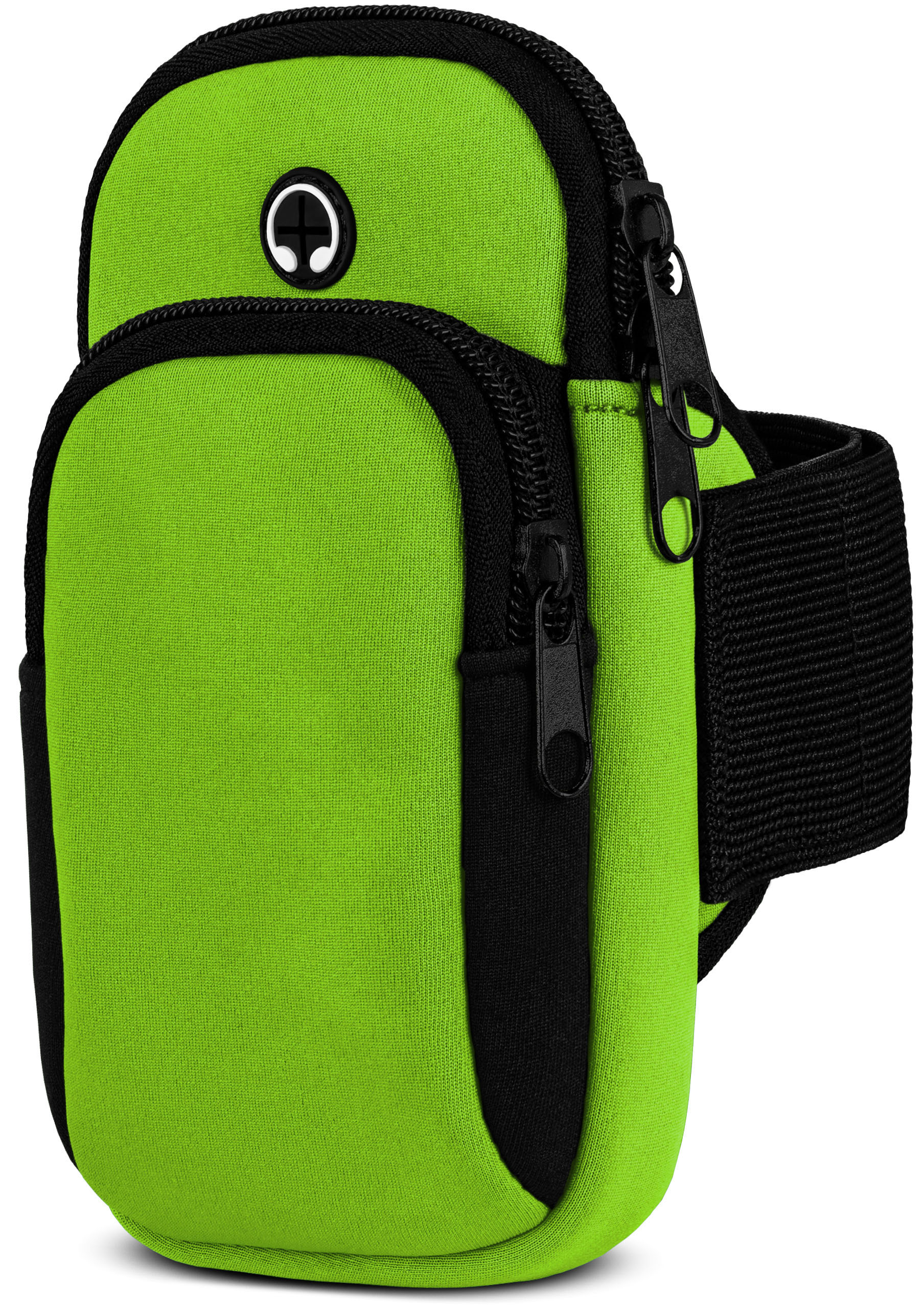 Grüne Armtasche mit schwarzen Details und Reißverschlüssen. Schwarzer, verstellbarer Riemen.