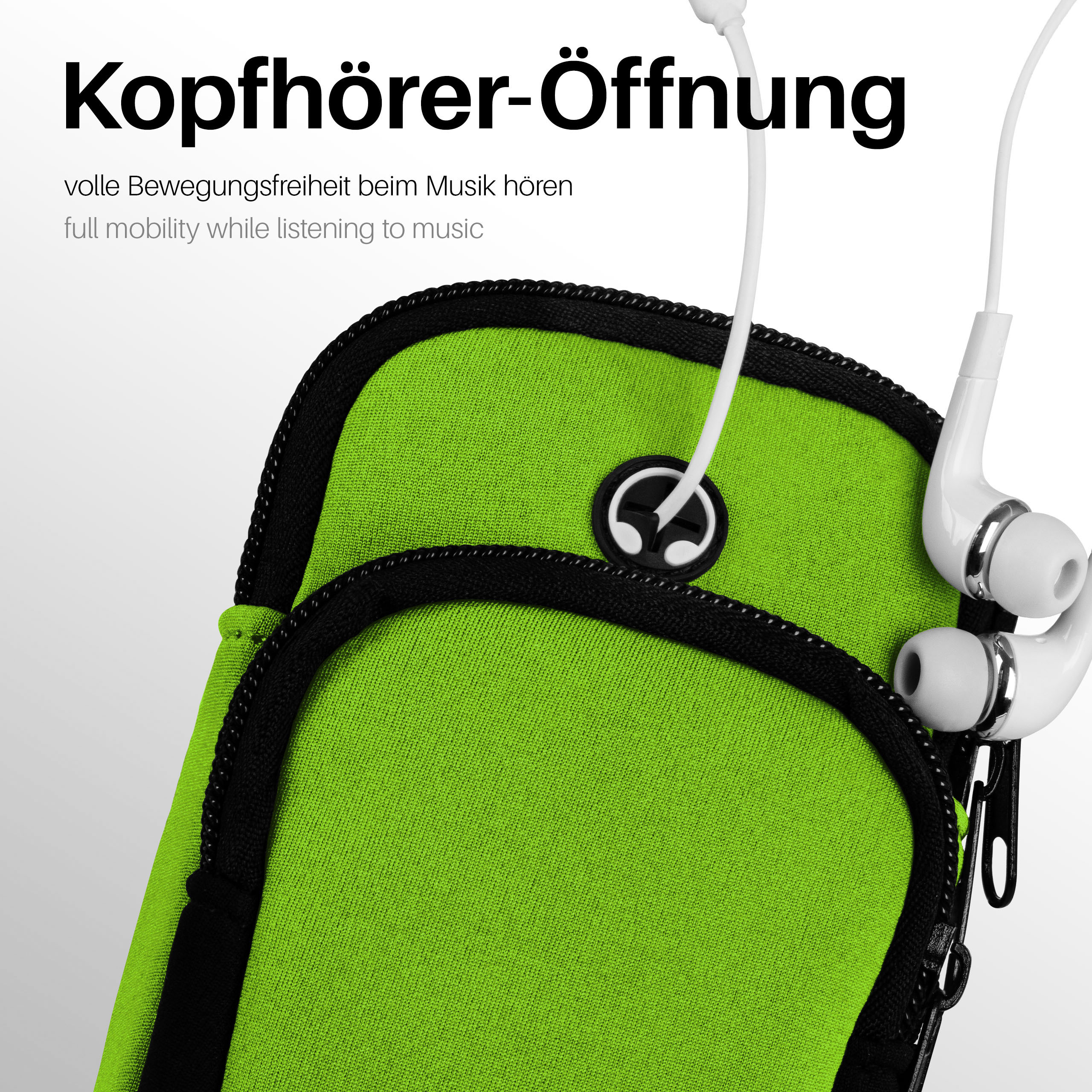Nahaufnahme eines grünen Armbands mit Ohrhörern, die Öffnung für Kopfhörer zeigend.