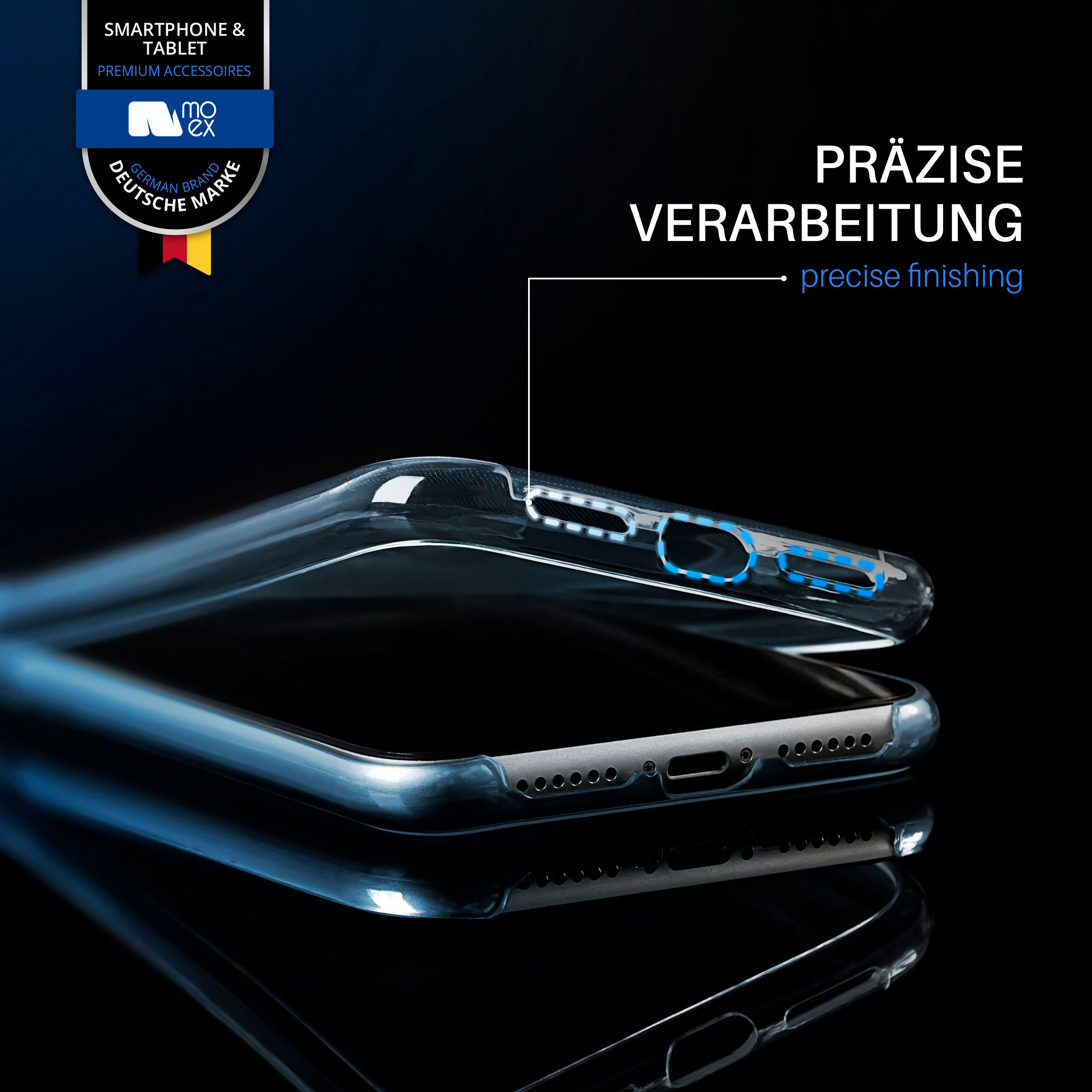 Transparente Handyhülle mit Telefon, präzises Design. Die Hülle liegt auf einer reflektierenden Oberfläche.