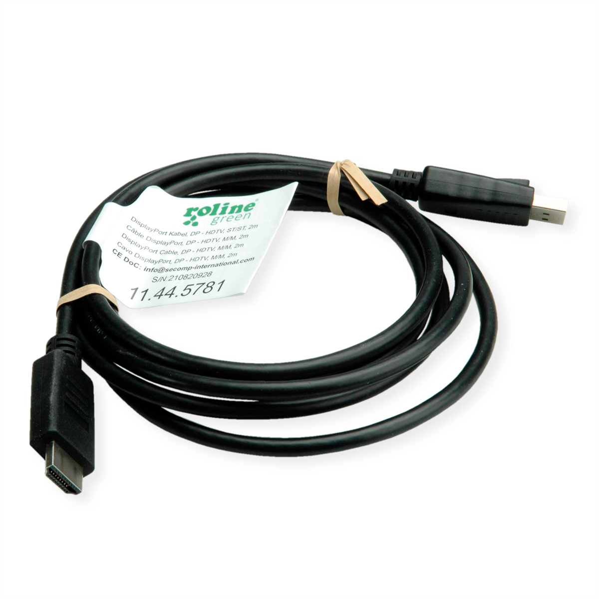 Zwarte DisplayPort-kabel opgerold met een label, vastgebonden met een bruin bandje, op een witte ondergrond.