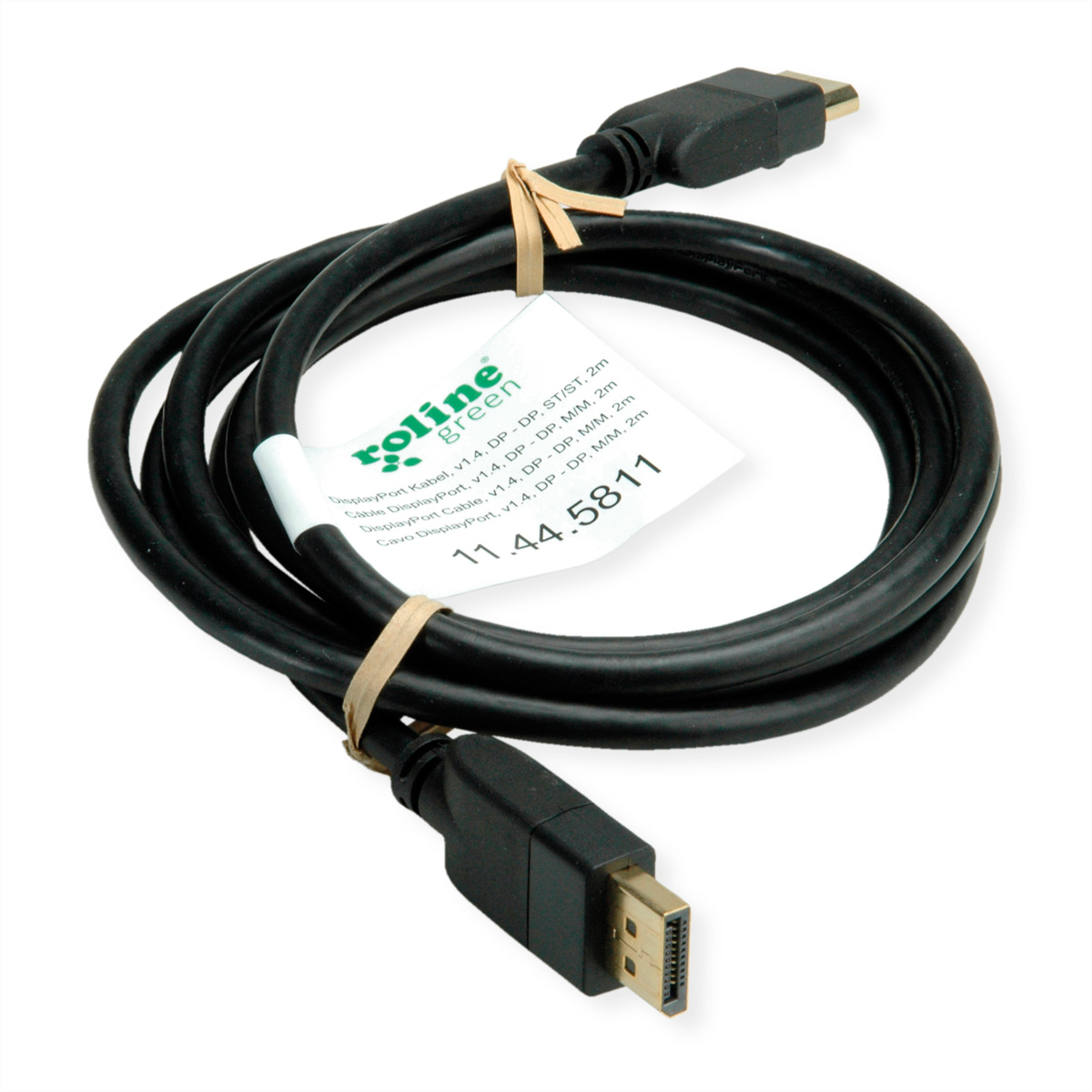 Schwarzes DisplayPort-Kabel mit Anschlüssen und einem Etikett.