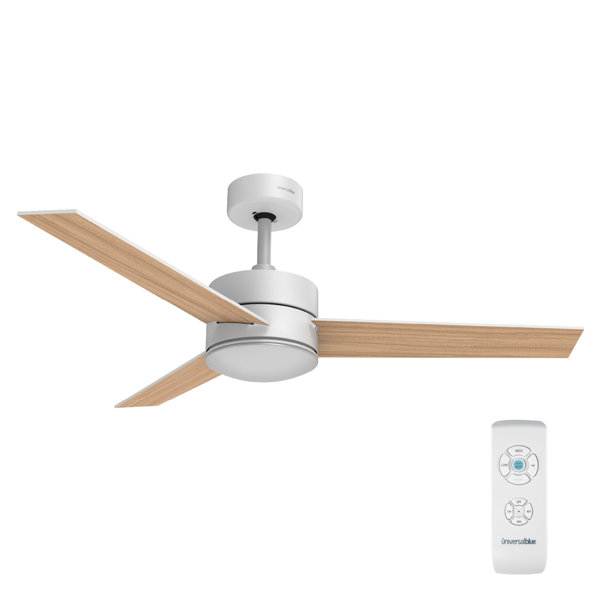 Un ventilatore da soffitto con tre pale in legno marrone chiaro e un motore e un'apparecchiatura bianchi.