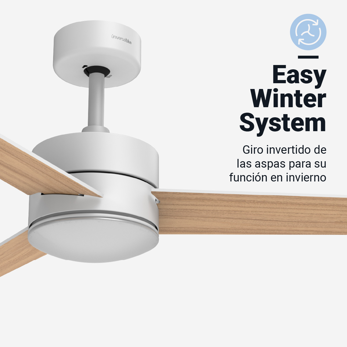 Un ventilatore da soffitto bianco con pale in legno, con testo sulla funzione invernale.