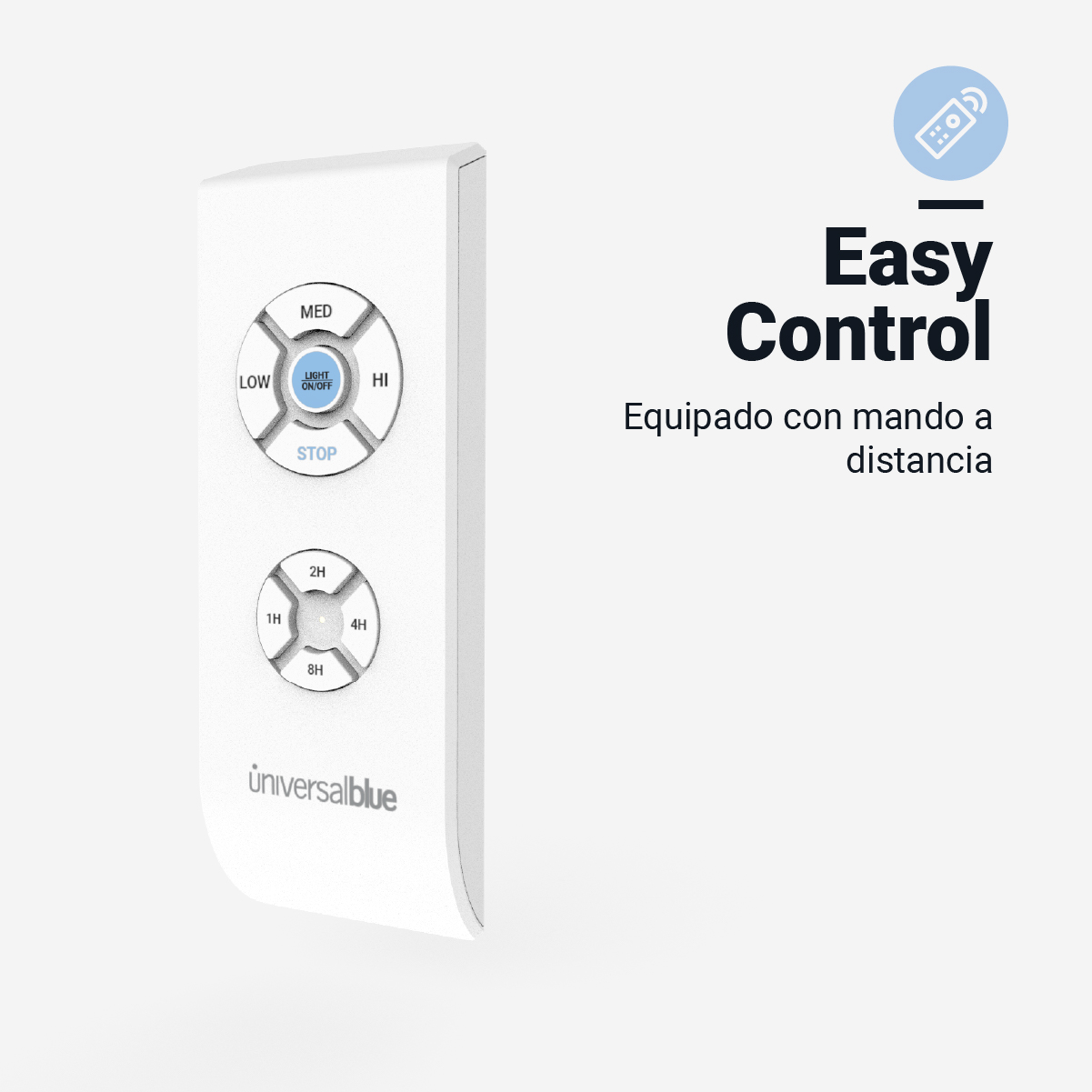 Telecomando bianco con pulsanti: MED, LOW, HI, STOP, 1H, 2H, 4H, 8H.