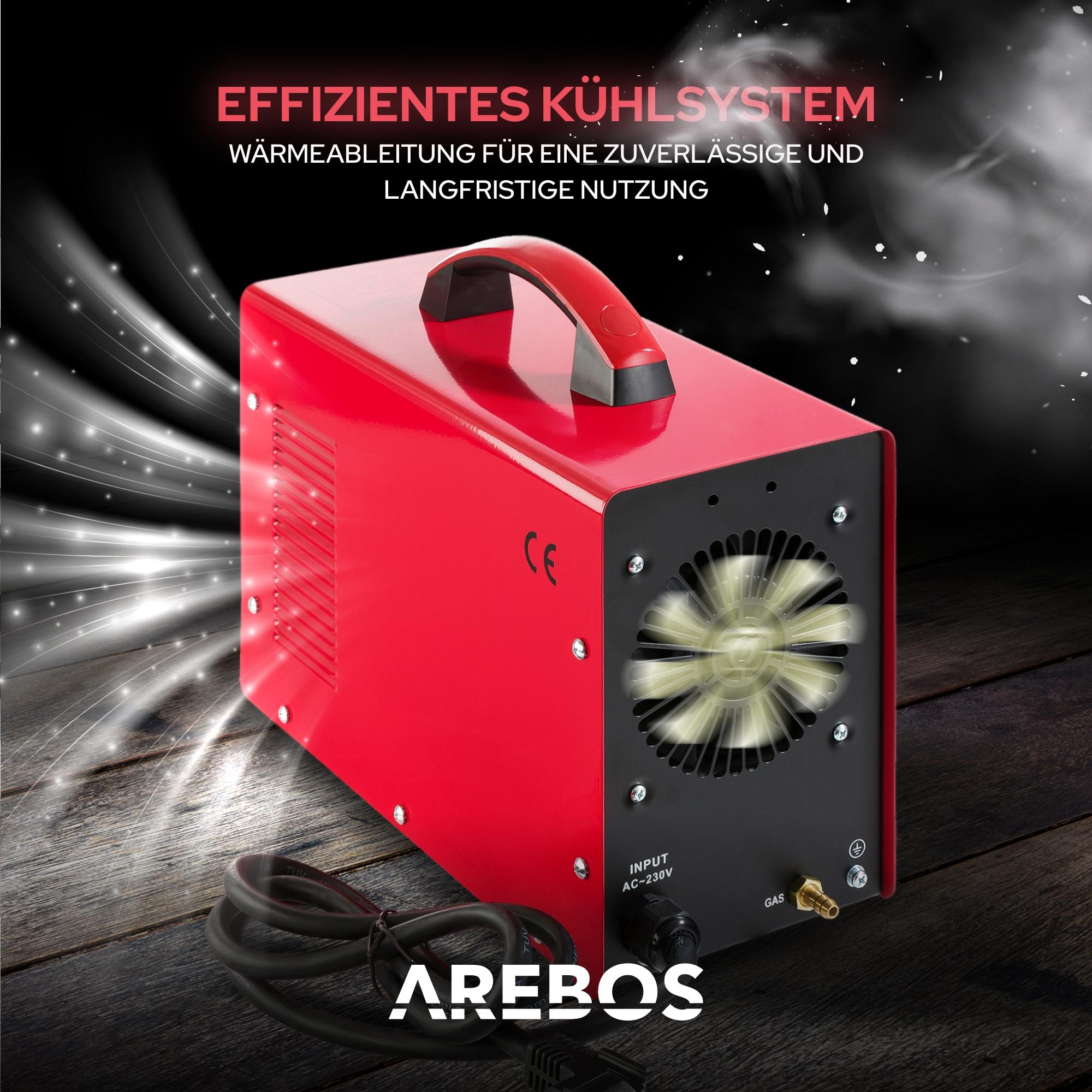 Rote und schwarze Maschine mit einem Lüfter. Die Maschine hat einen Griff und das Arebos-Logo.