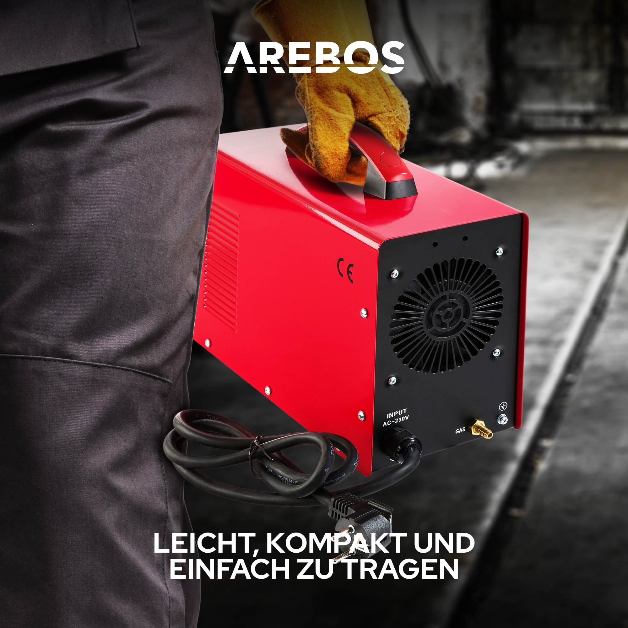 Ein Mann hält ein rotes Arebos-Schweißgerät. Text: Leicht, kompakt und einfach zu tragen.