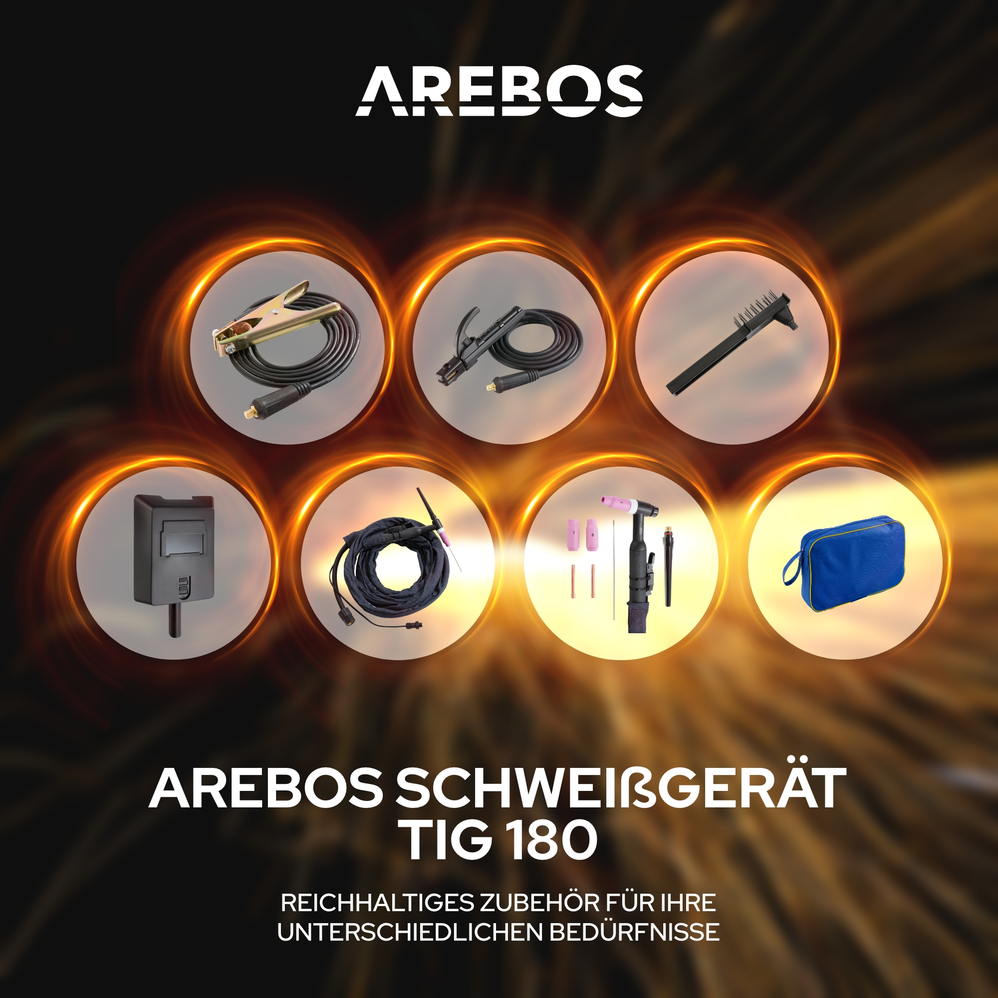 AREBOS Schweißgerät-Set mit verschiedenen Werkzeugen, blauer Tasche und dunklem Hintergrund mit orangenem Licht.