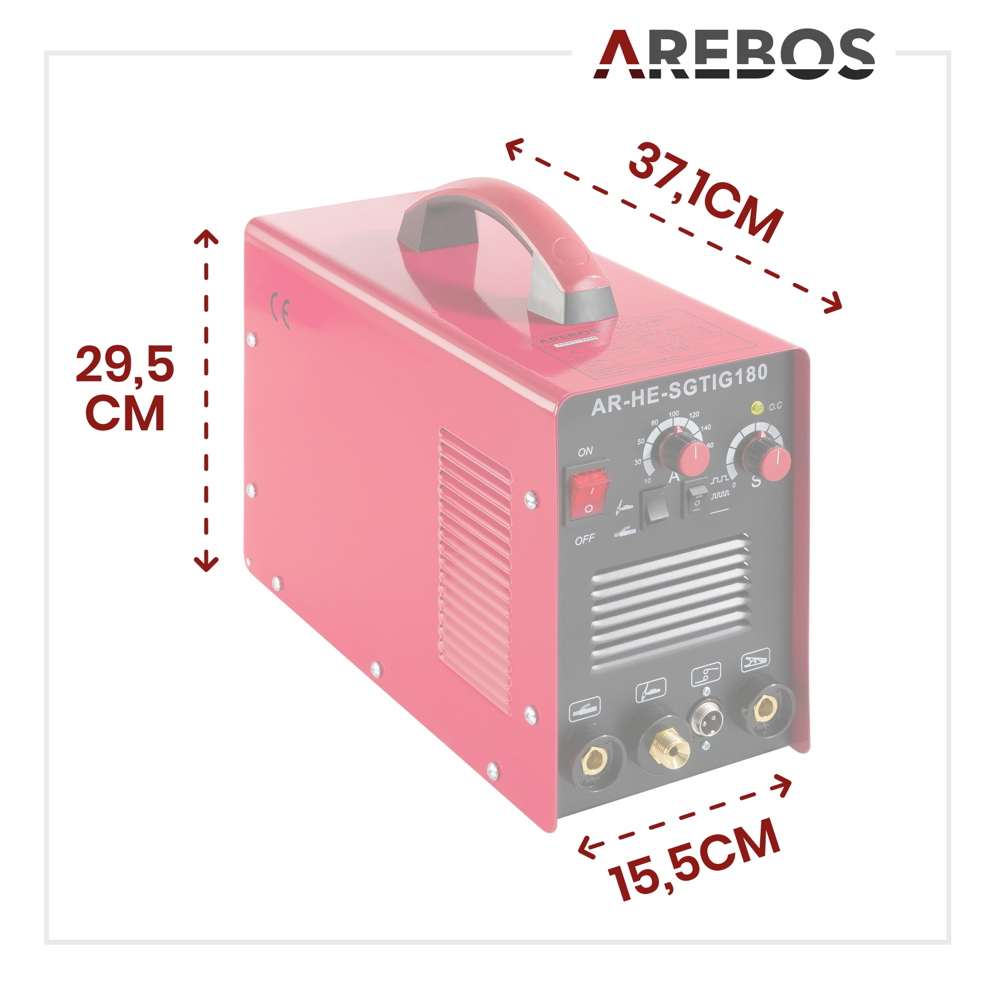 Rote und schwarze Schweißmaschine mit Abmessungen und AREBOS-Text.