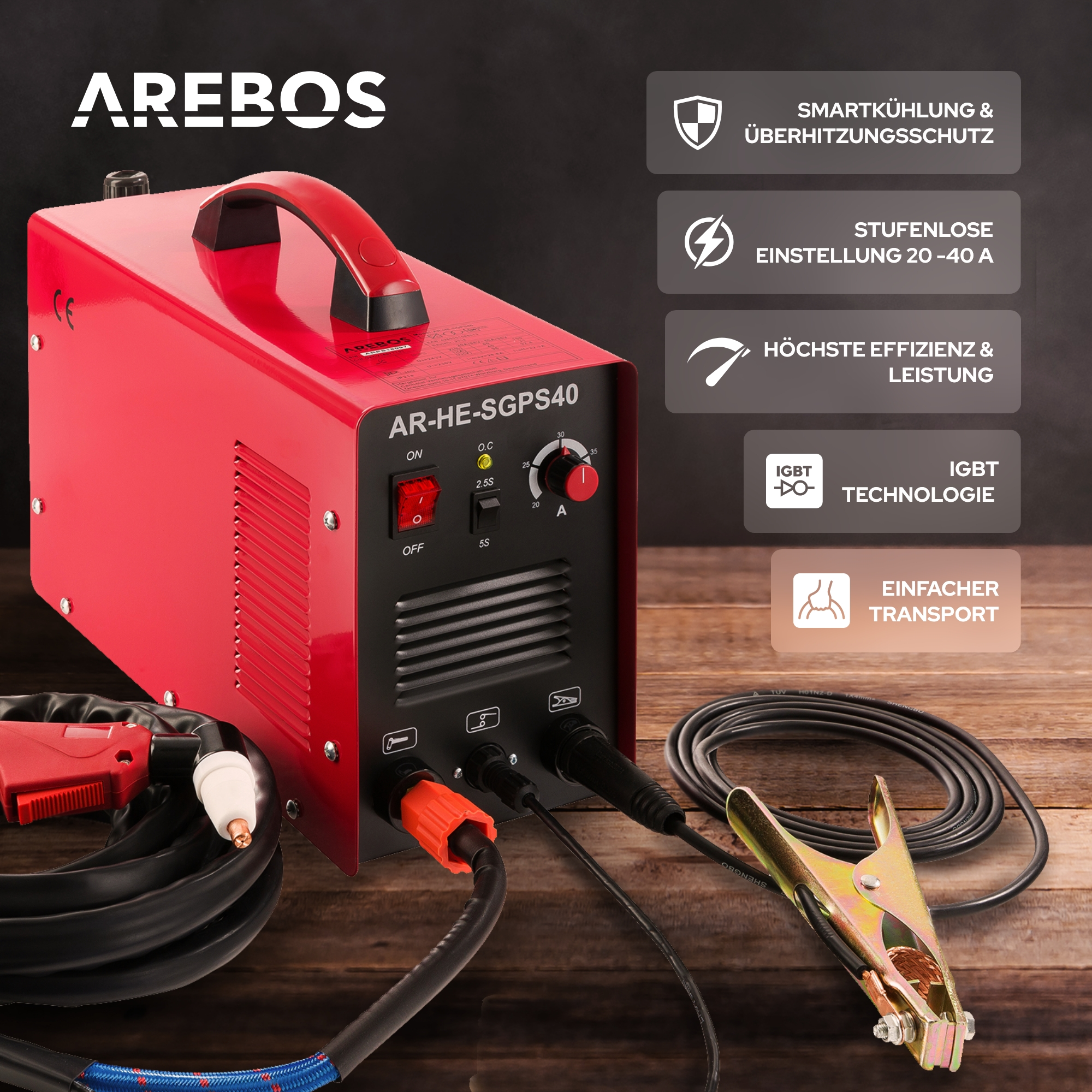 Ein rotes Schweißgerät mit schwarzem Kabel und einem metallischen Halter. Text: AREBOS, AR-HE-SGPS40.