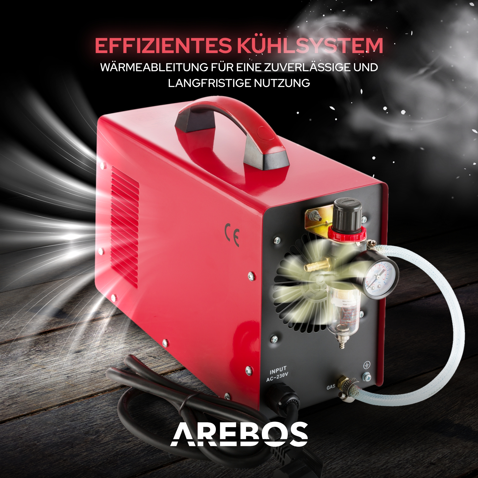 Rote Metallmaschine mit Griff, Luftfilter und Messgerät an der Seite.
