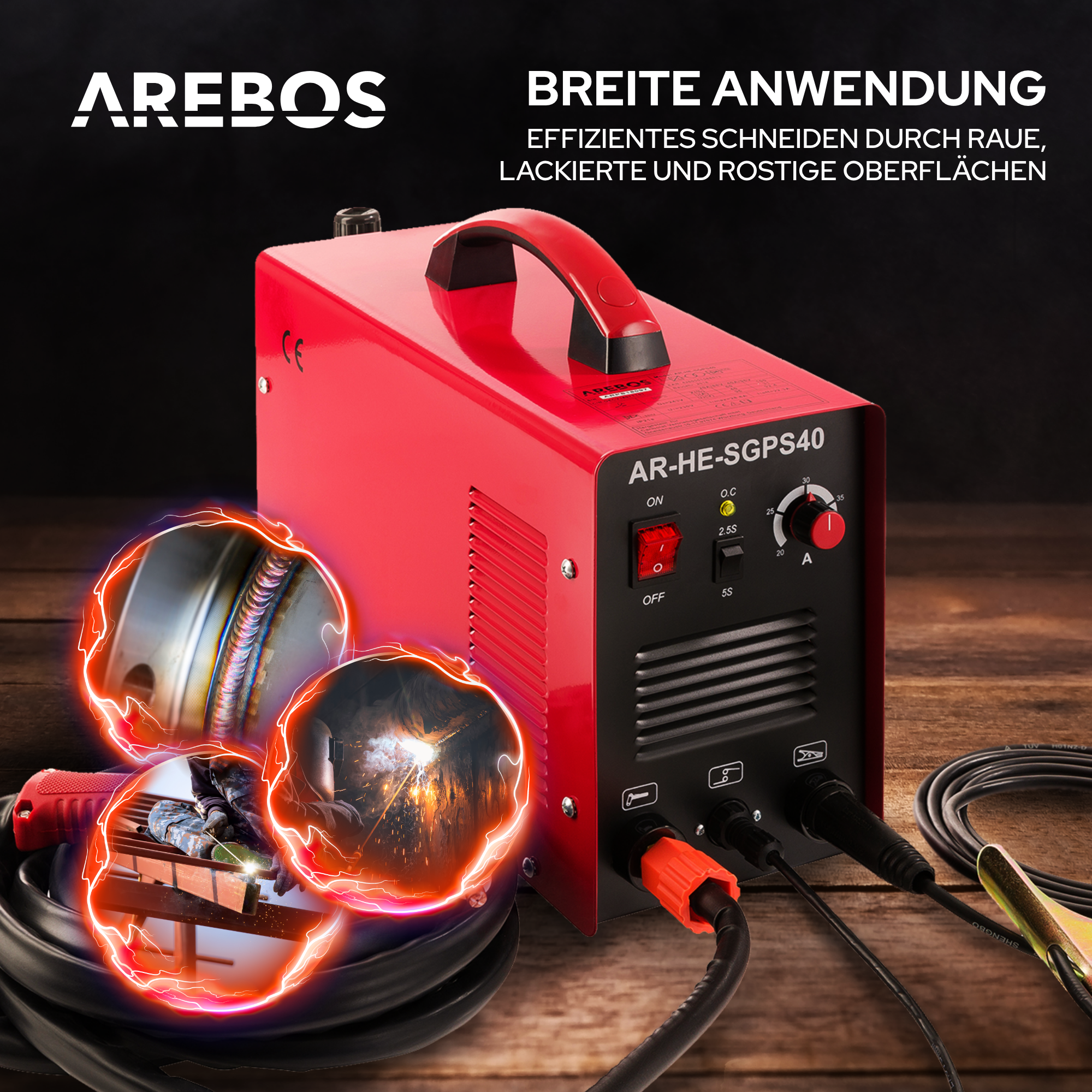 Rote Schweißmaschine, Funken und Schweißprozessbilder, schwarzes Kabel und orangefarbener Stecker.
