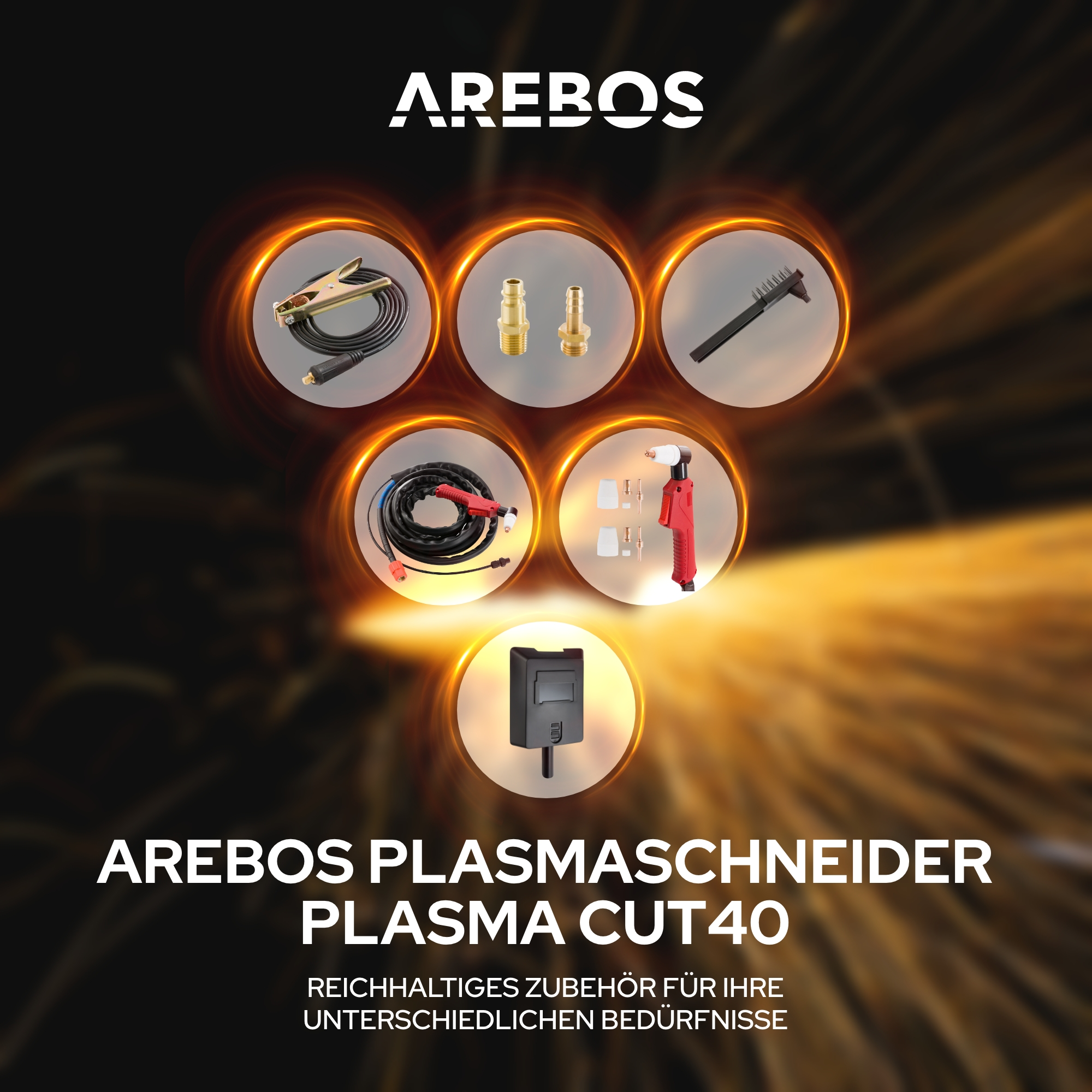 AREBOS Produktbild mit verschiedenen Schweißwerkzeugen in Kreisen angeordnet. Der Text lautet "AREBOS Plasmaschneider Plasma CUT40".