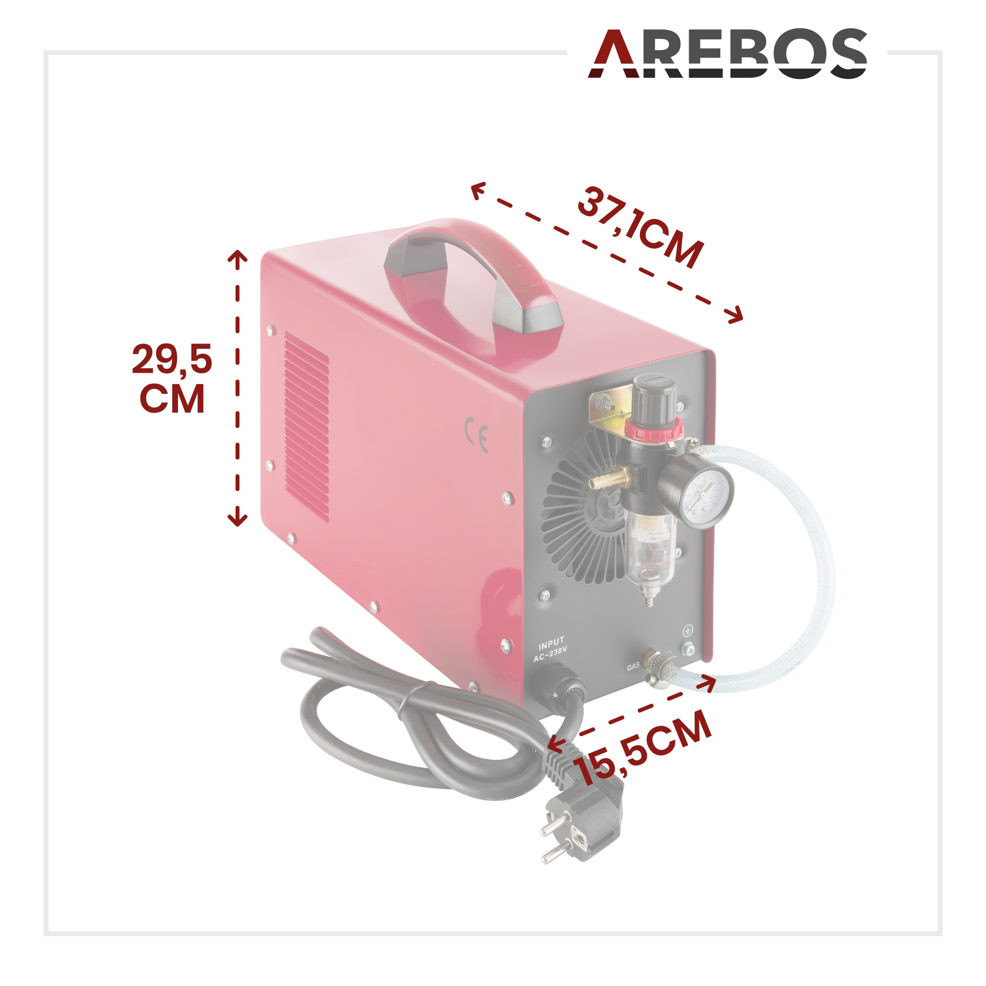 Roter Plasmaschneider mit Abmessungen und AREBOS-Logo.