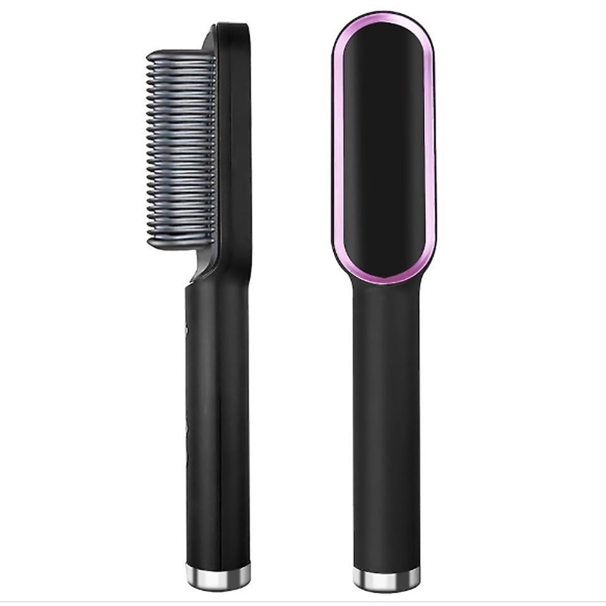 Plancha de pelo negra con un acento rosa. Dos vistas: frontal y lateral.