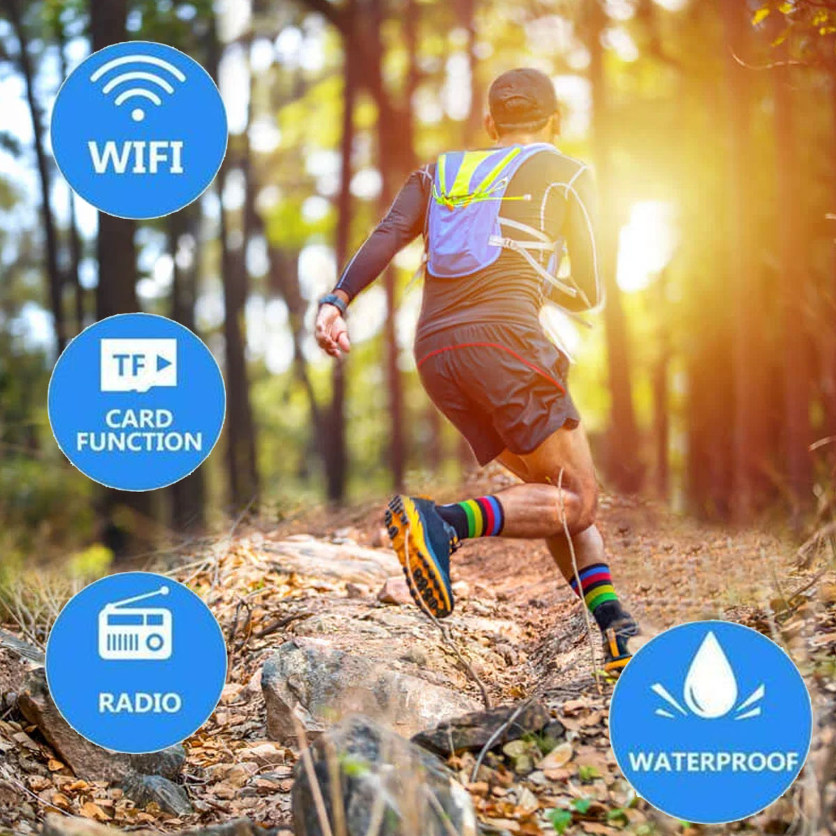 Corredor en movimiento con iconos de WiFi, función de tarjeta, radio e impermeable superpuestos.
