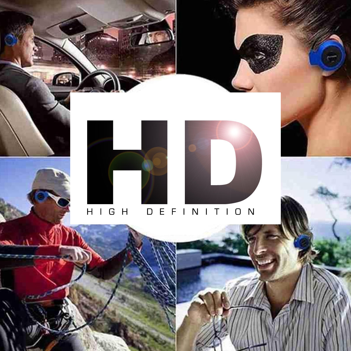 Collage de personas usando auriculares con las palabras "HD HIGH DEFINITION".