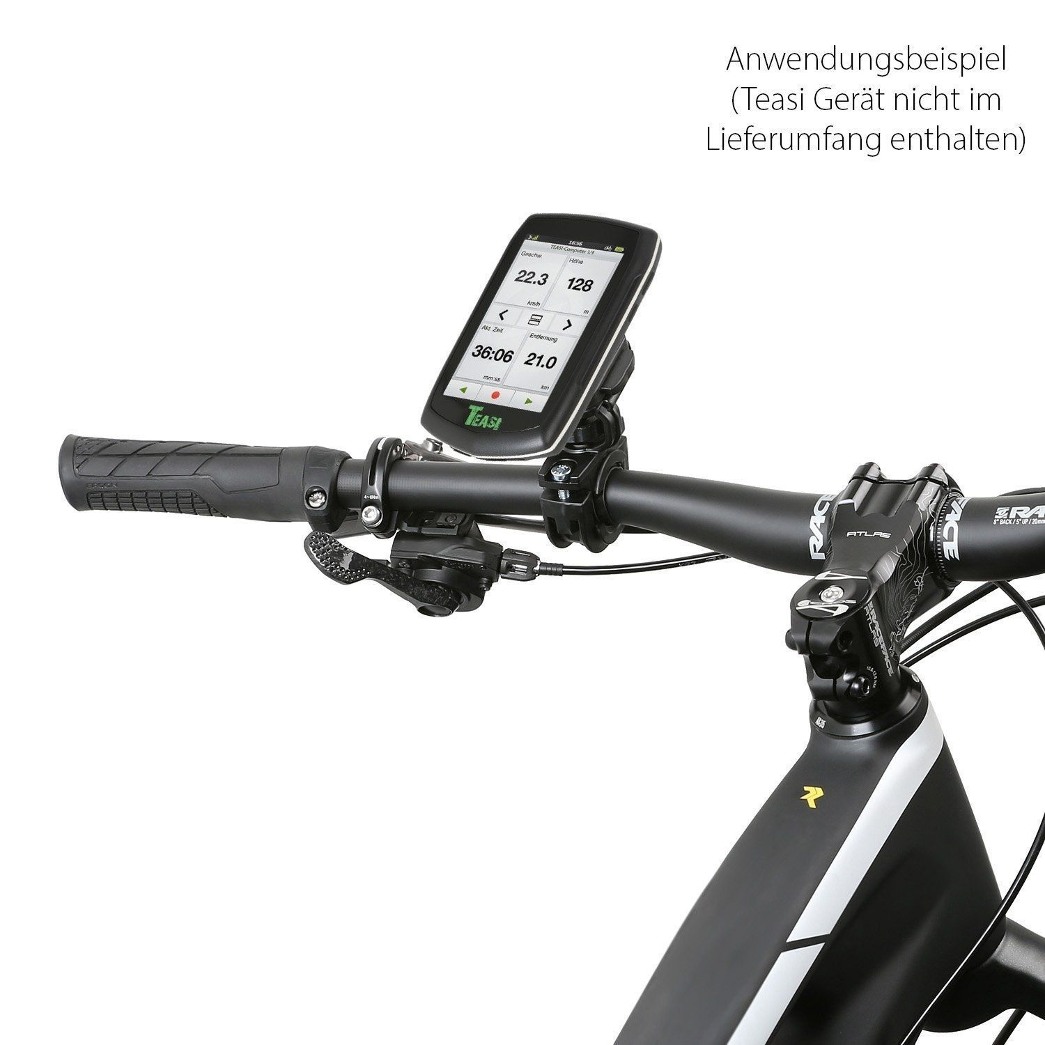 Lenker mit montiertem Fahrradcomputer. Schwarz-weißes Fahrrad.