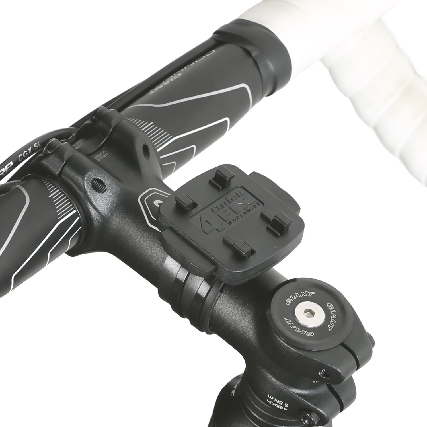 Fahrradlenker mit angebrachtem Quick-Fix-Halter. Der Halter ist schwarz und quadratisch.