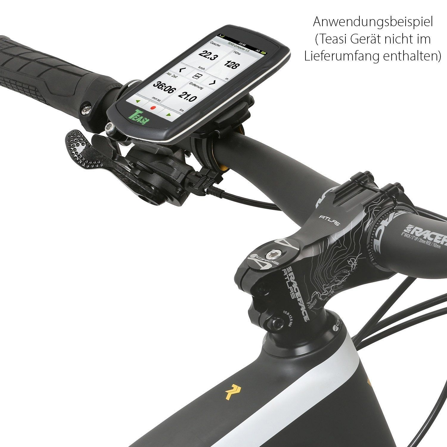 Nahaufnahme eines Fahrradlenkers mit GPS-Gerät. Der Hintergrund zeigt einen Fahrradrahmen.