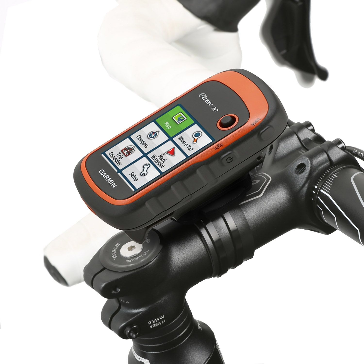Garmin GPS-Gerät auf einem Fahrradlenker montiert. Schwarzes und oranges Gerät, Karten-Symbole sichtbar.
