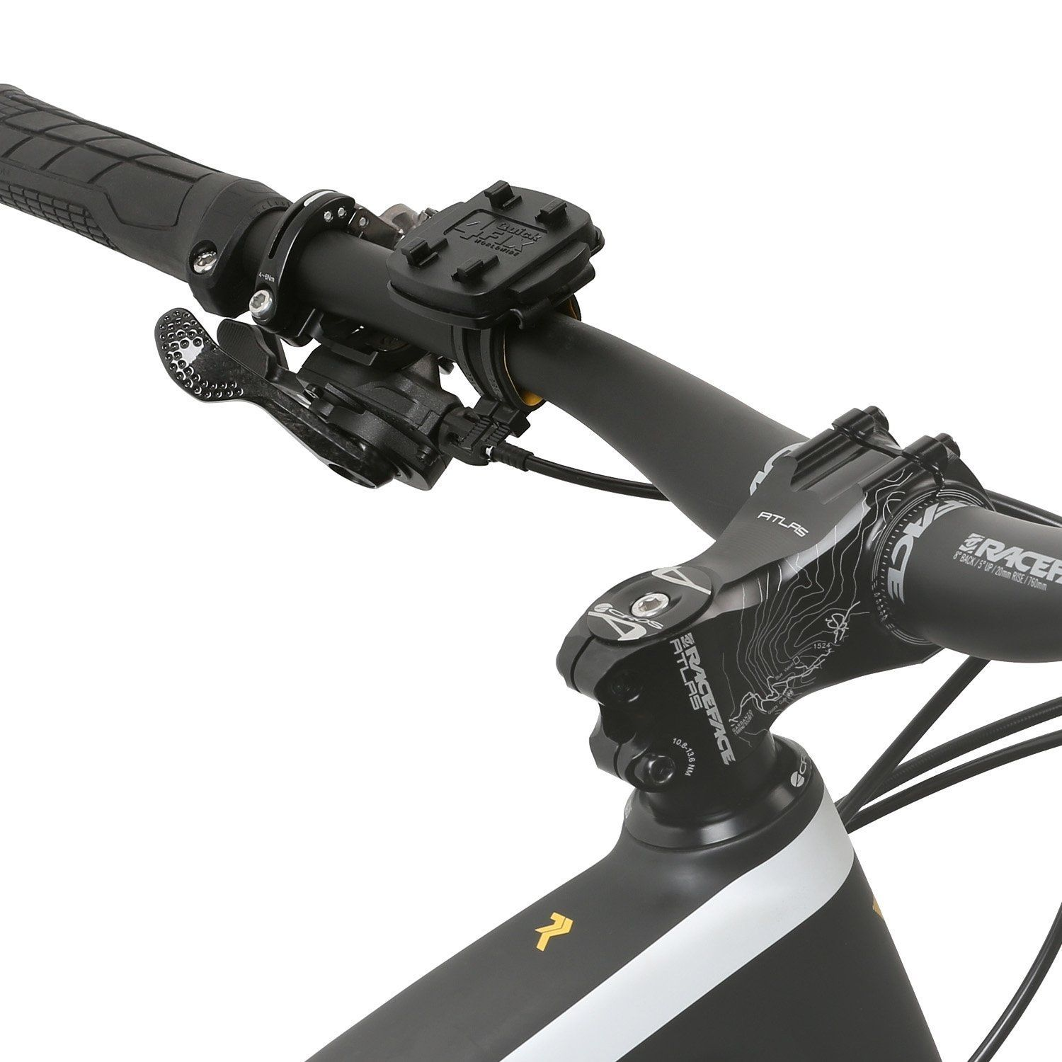 Nahaufnahme eines schwarzen Mountainbike-Lenkers mit Bedienelementen.