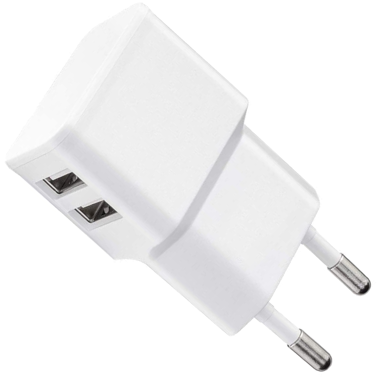 Weißes USB-Ladegerät mit zwei Anschlüssen. Es hat zwei Stifte für eine Steckdose.