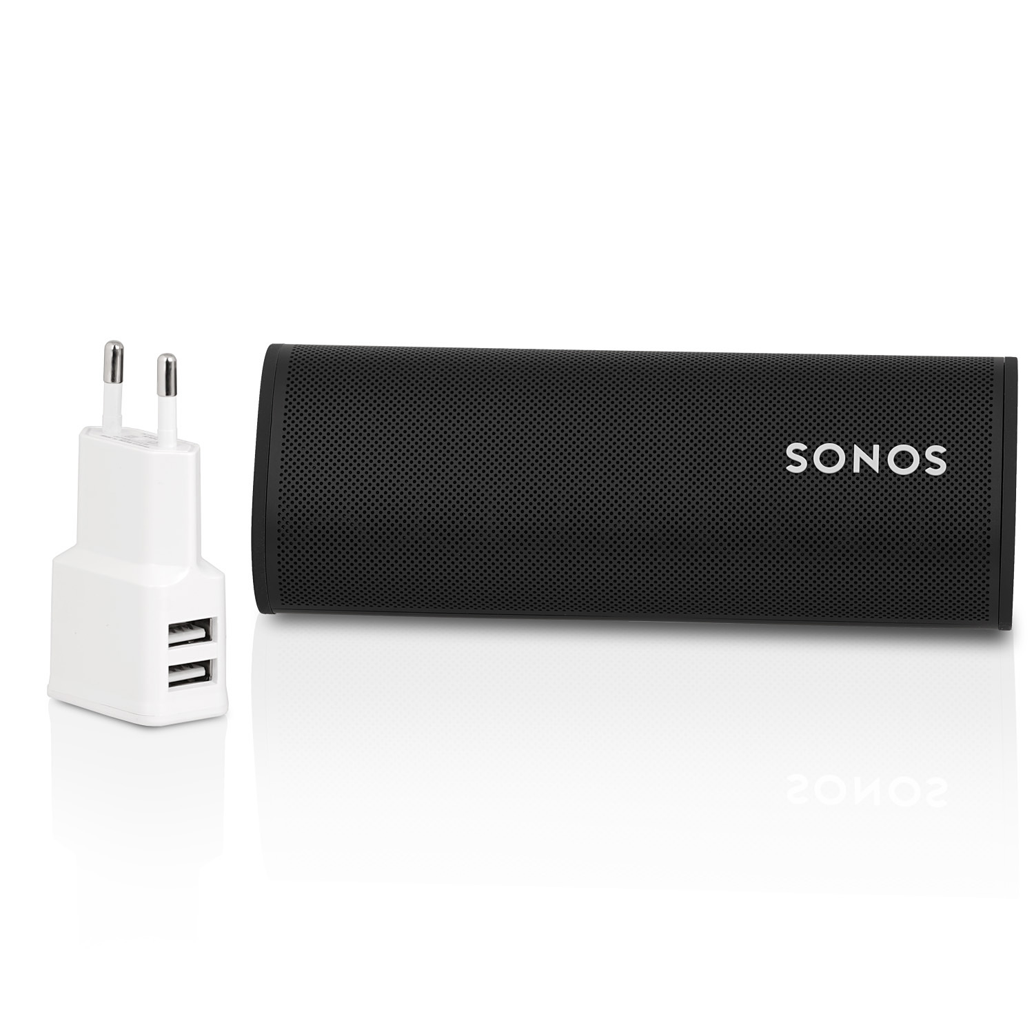 Schwarzer Sonos-Lautsprecher und weißes Ladegerät mit zwei Stiften.