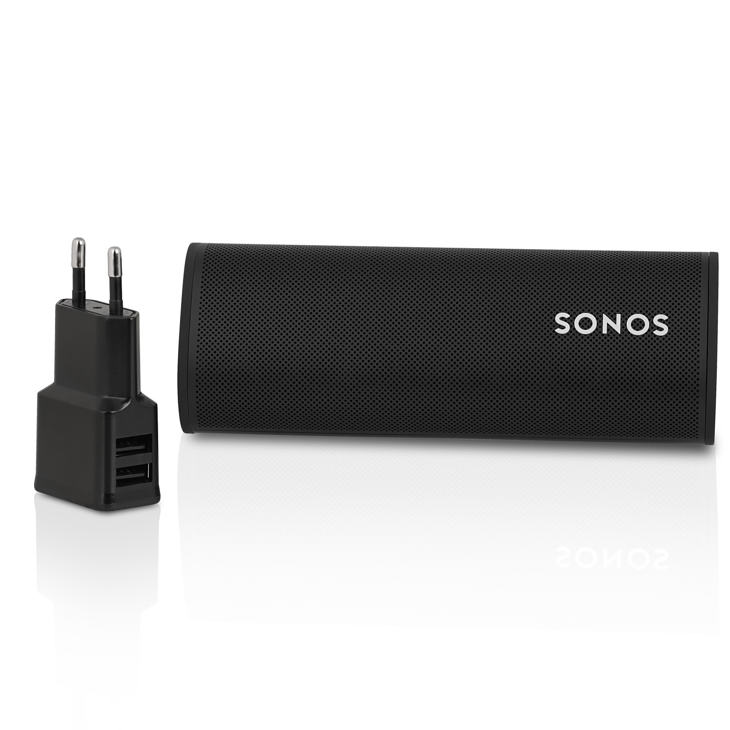 Schwarzer Sonos-Lautsprecher und ein schwarzes Ladegerät mit zwei Stiften.